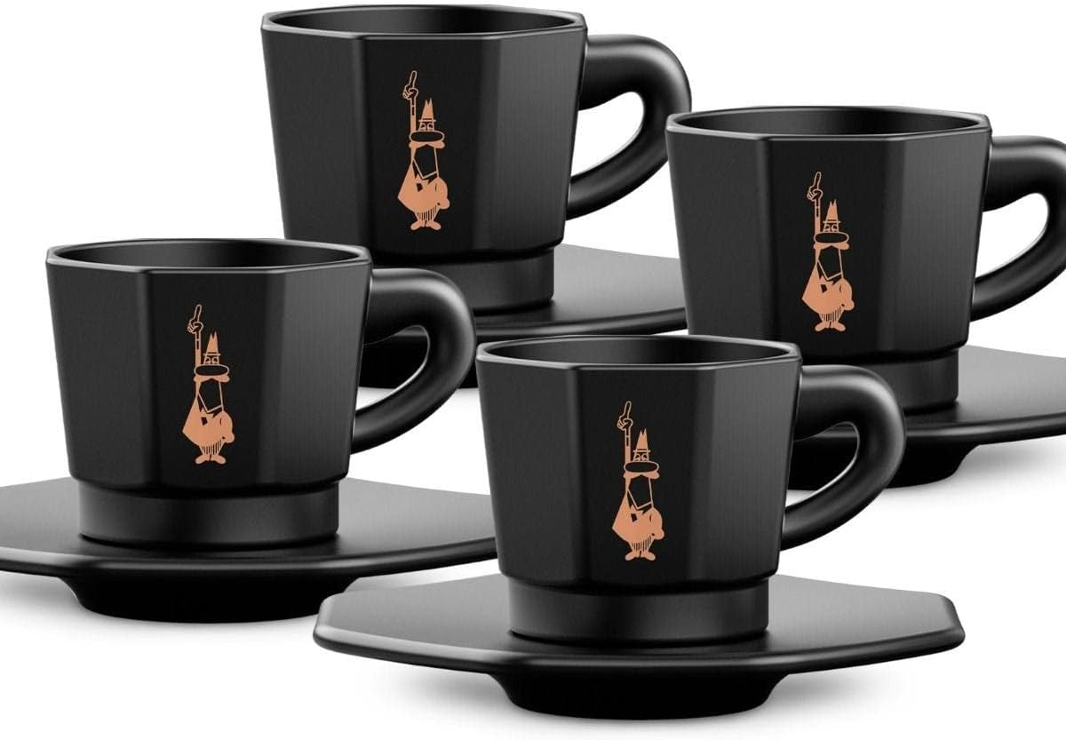 Bialetti - 4 Pieces Set of 8-Faced Espresso Coffee Cups with Gentleman with Moustaches Logo, Porcelain, White image number 1