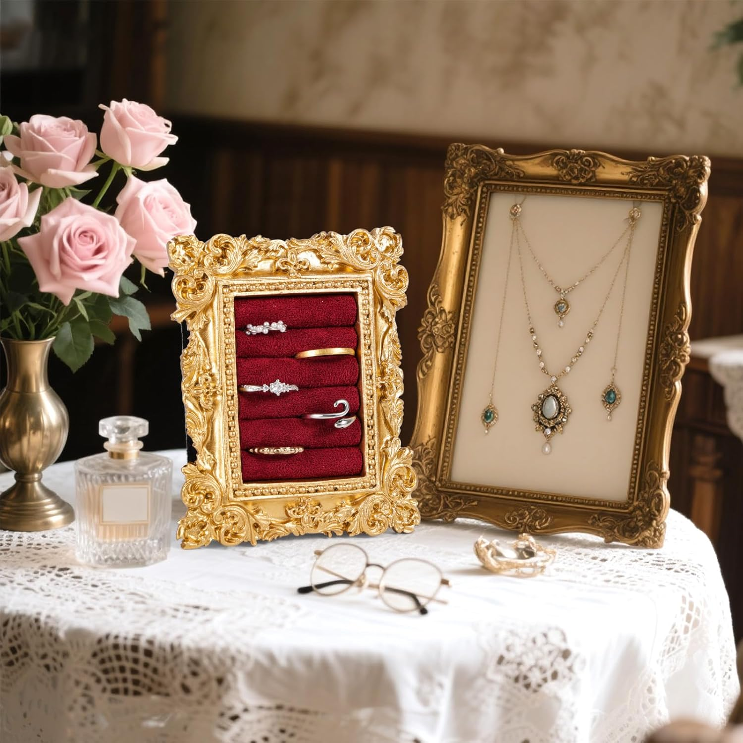 Vintage Ring Display Stand, Baroque Ring Holder Earring Display Tray Jewelry Organizer Birthday Engagement Wedding Decoration for Women (Wine Red) - Wine Red image number 4