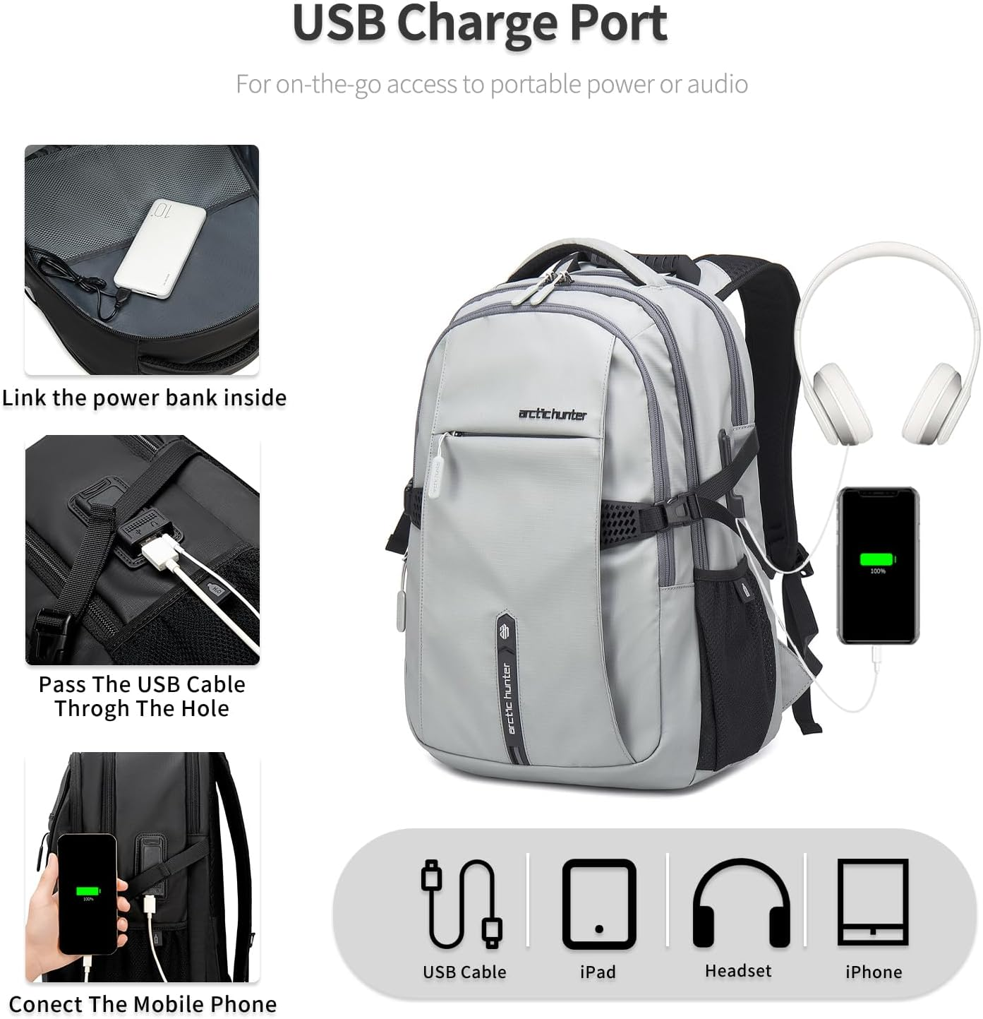 ARCTIC HUNTER AH Large Carry on Travel Backpack for Men,30L Compact Laptop Backpack,Business and Weekend Casual Daypack - Sliver image number 2