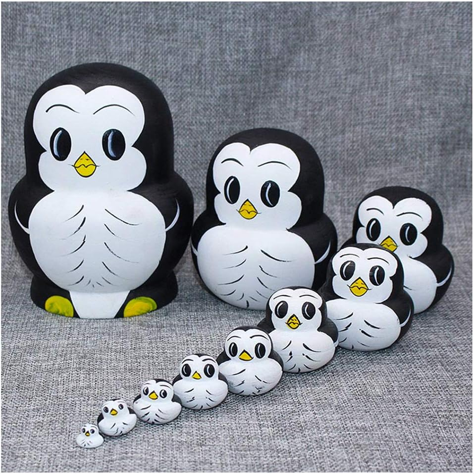 Moonmo 10Pcs Animal Pattern Wooden Nesting Toys Russian Nesting Dolls Matryoshka Stacking Dolls Penguin image number 5