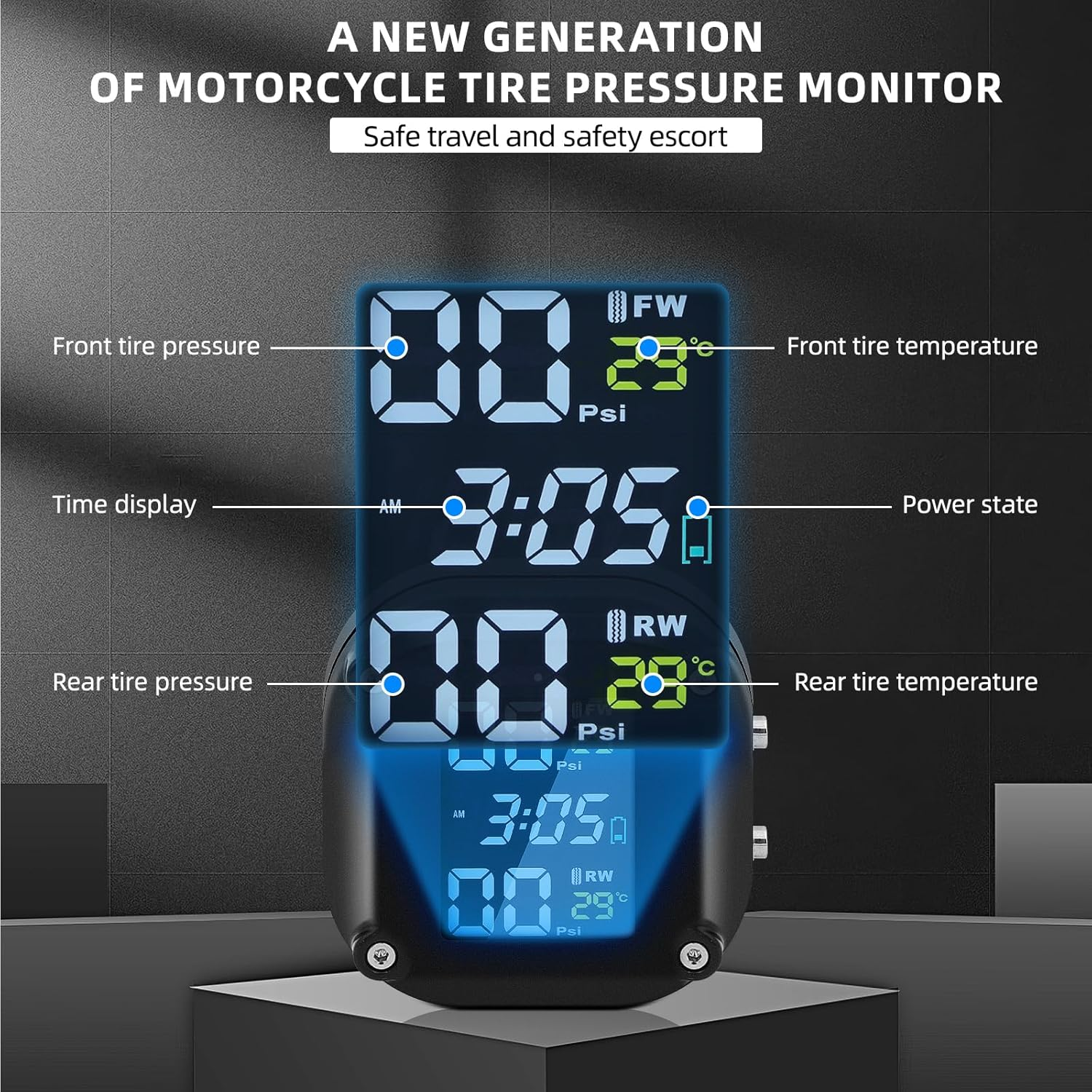 Motorcycle Wireless Tyre Pressure Monitoring System, Motorcycle TPMS with 2 External Sensors, LCD Display, IP67 Waterproof Dustproof, Motorbike Tyre Temperature Alarm, Two-Wheeled Motorcycle TPMS image number 3