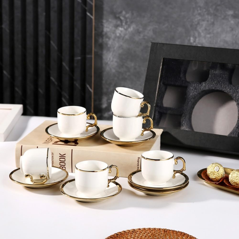 Frafuo 6Pcs Espresso Turkish Coffee Cups and Saucers Set - Elegant Ceramic Tea Cups with Modern Gold Trim, Dishwasher & Microwave Safe, 90Ml Capacity, Luxury Gift Box Packaging(White) image number 4