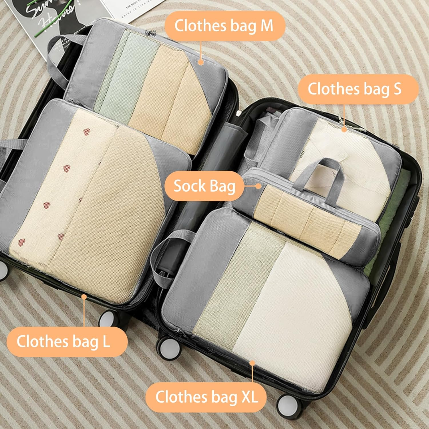 Compression Packing Cubes,Tipai 6 Set Travel Packing Organisers,Waterproof Travel Packing Cubes for Suitcases Travel Accessories,Grey image number 1