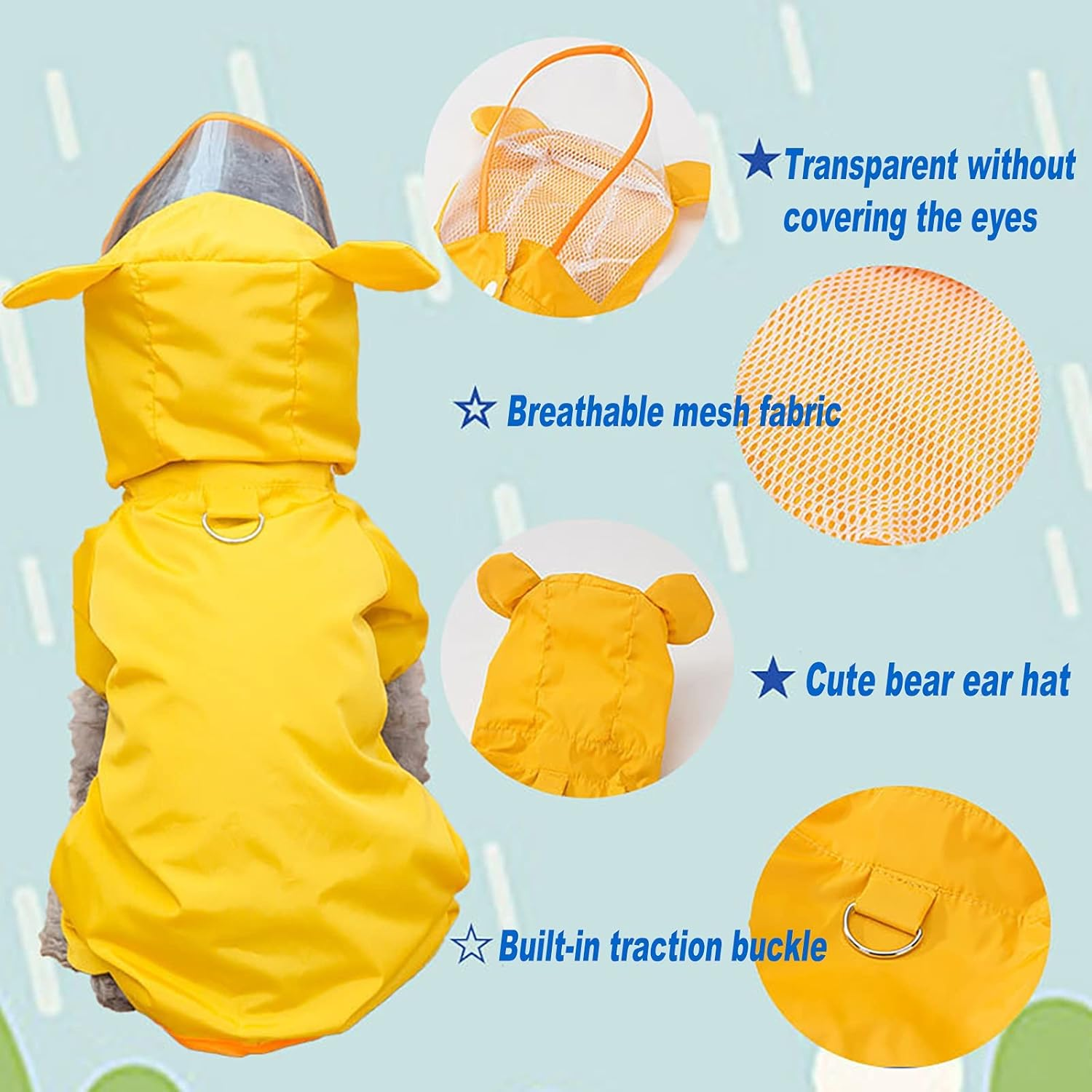 Dog Raincoat，Rain/Water Resistant，Dog Raincoat Hooded Waterproof Rain Jacket，Dog Jumpsuit，Raincoat Poncho Waterproof Clothes，Reflective Strip Poncho Coats，Cute Pet Rainwear Bear Shape Pet Clothe (XL) image number 1