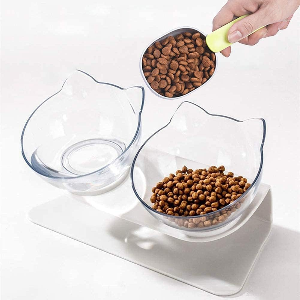 Tilted Cat Bowl with Stand 15&deg; Raised Cat Bowl anti Vomiting for Kittens Elevated Double Cat Bowls Plastic Transparent