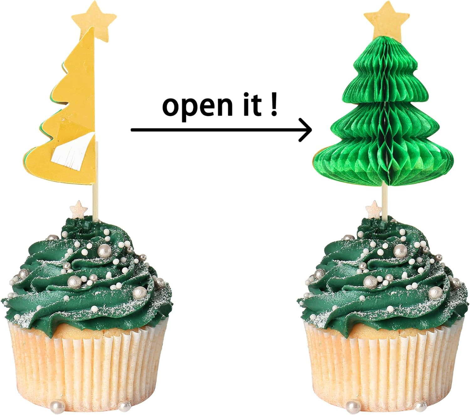Gyufise 24Pcs Christmas Tree Cupcake Toppers Green 3D Christmas Tree Cupcake Picks for Merry Christmas Theme New Year Holiday Baby Shower Kids Birthday Party Cake Decorations Supplies image number 6