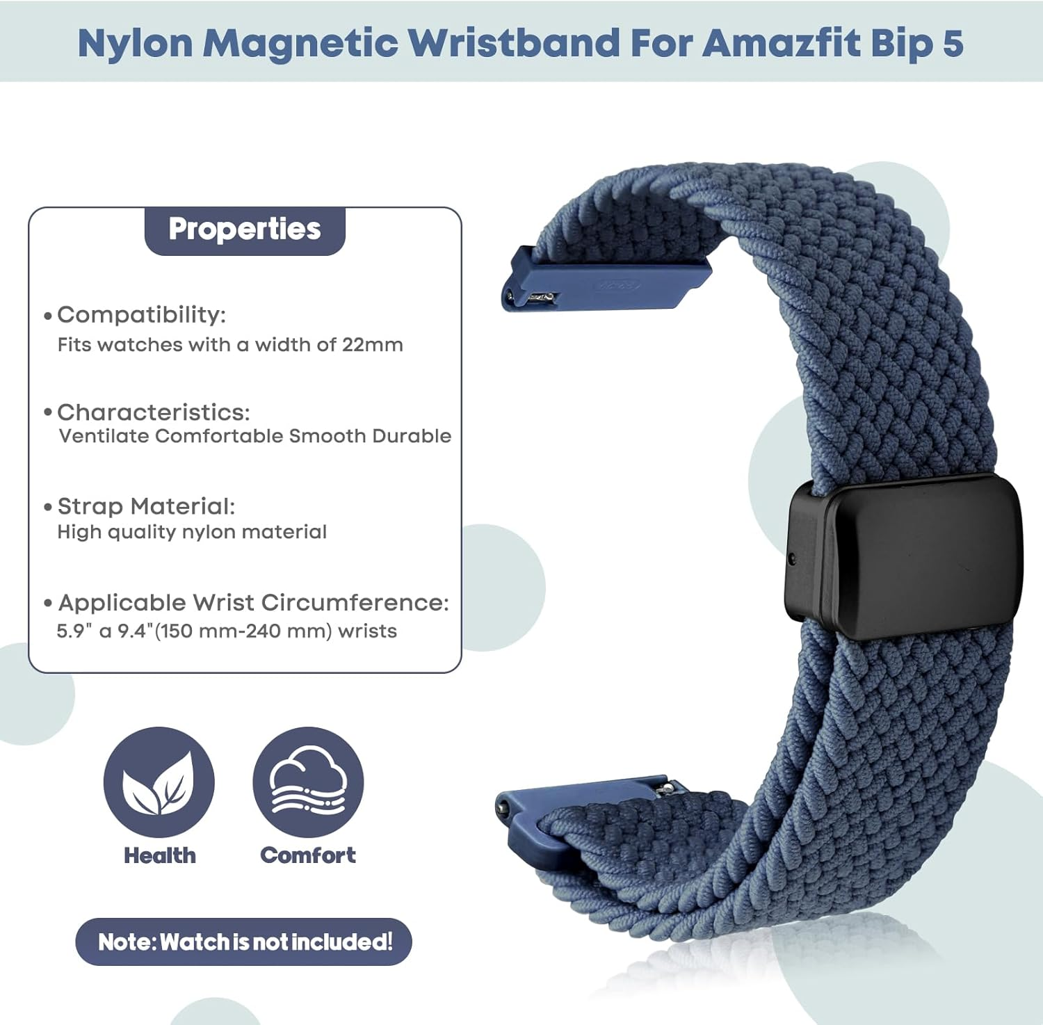 22 Mm Bracelet Compatible with Amazfit Bip 5/Amazfit Cheetah/Amazfit Cheetah Pro/Amazfit Balance, 22 Mm Nylon Sport Adjustable Replacement Watch Strap for Amazfit Bip 5