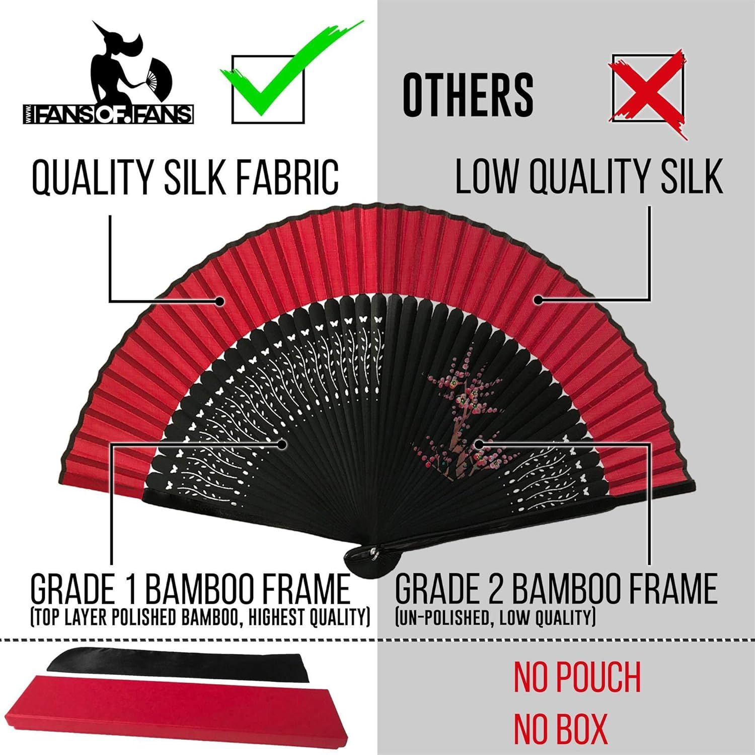 FANSOF.FANS Floral Red and Black Chinese Japanese Silk Fabric Handheld Folding Hand Fan with Pouch and Gift Box Grade a Bamboo Ribs for Women Girls Dance Event Birthday Wedding Favour Gift (Style 03)