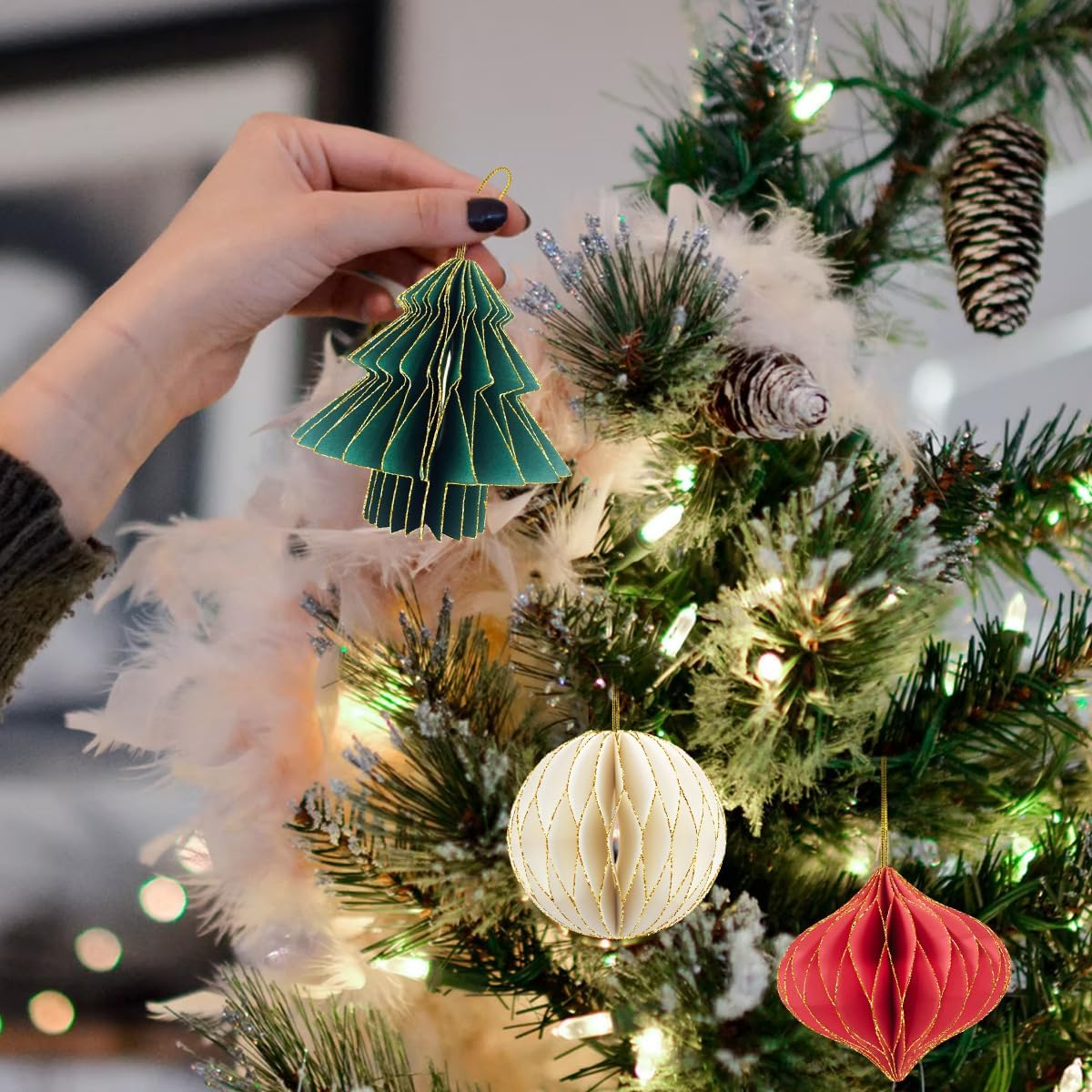 3 Christmas Tree Decorations - Christmas Mini Paper Honeycomb Ball Decoration - with Christmas Tree, Red Lantern and White Ball - Perfect for Christmas Party Decoration image number 3