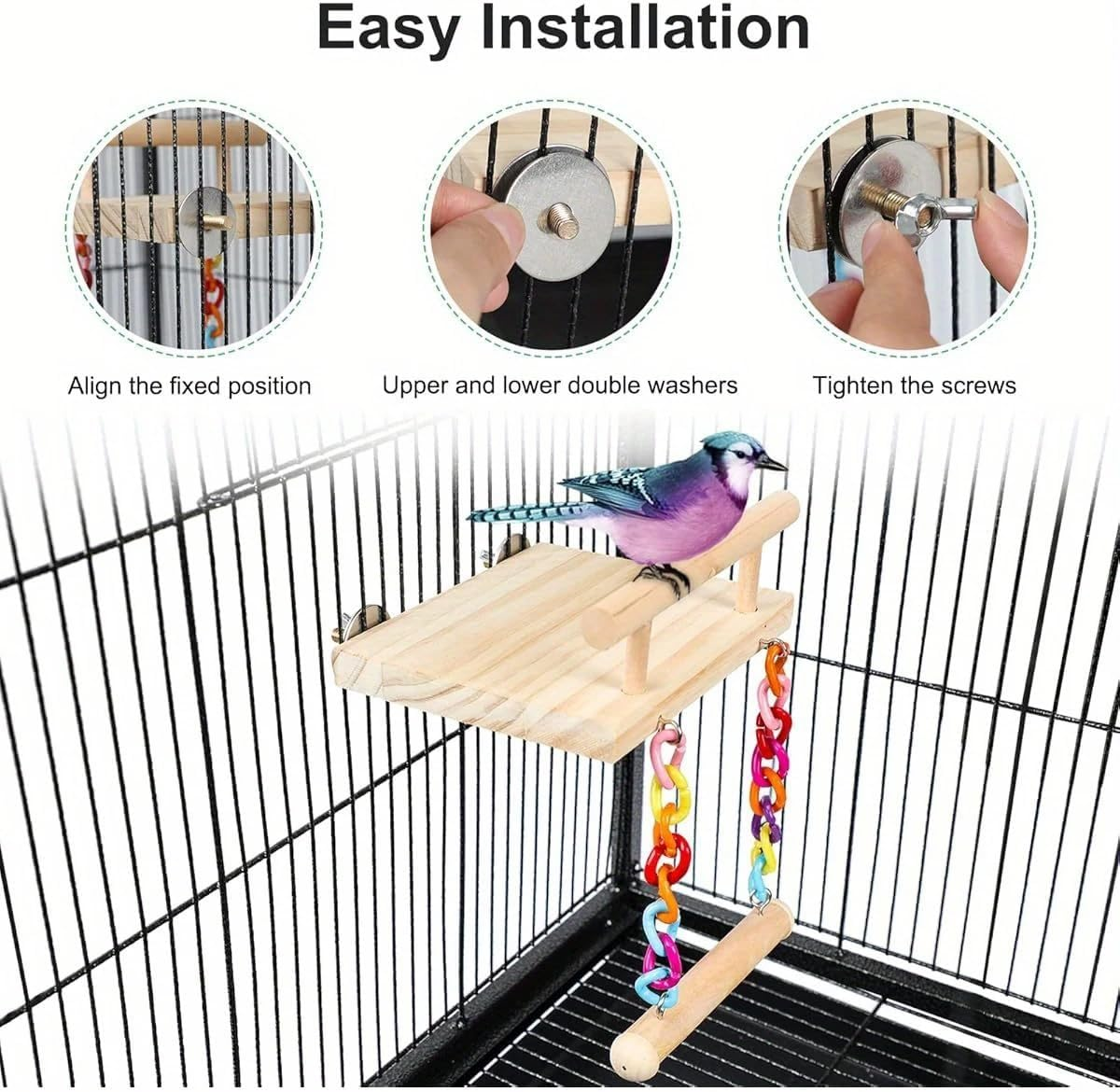 AIMALL Wooden Bird Swing with Platform for Small Parrots Cage Accessories Colourful Hanging Toy with Metal Hooks for Budgies Lovebirds Finches 5.5X4.7X6.7In - B image number 6