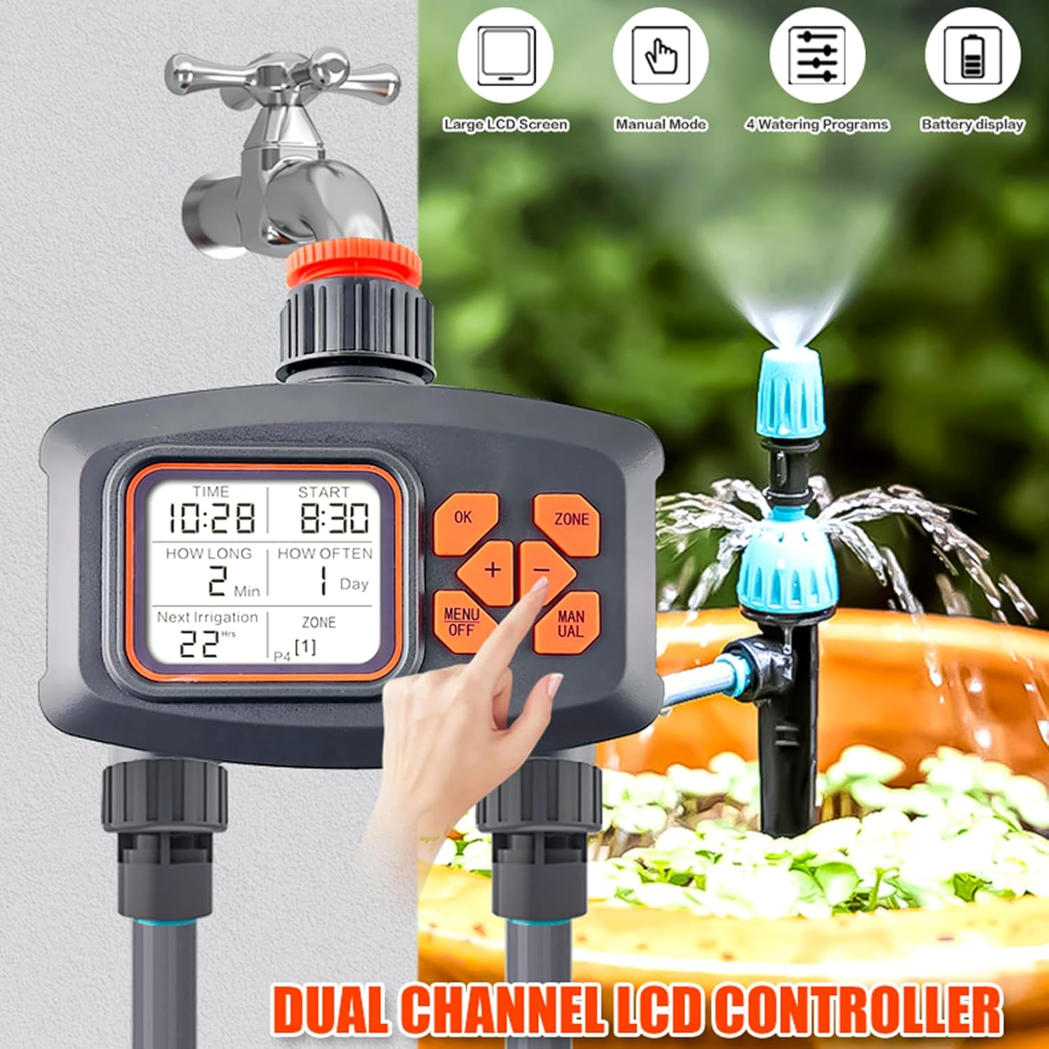 Automatic Watering Timer for Garden, Balcony, Greenhouse and Outdoor Plants with Weekly and Daily Programmes (2 Channels) image number 1
