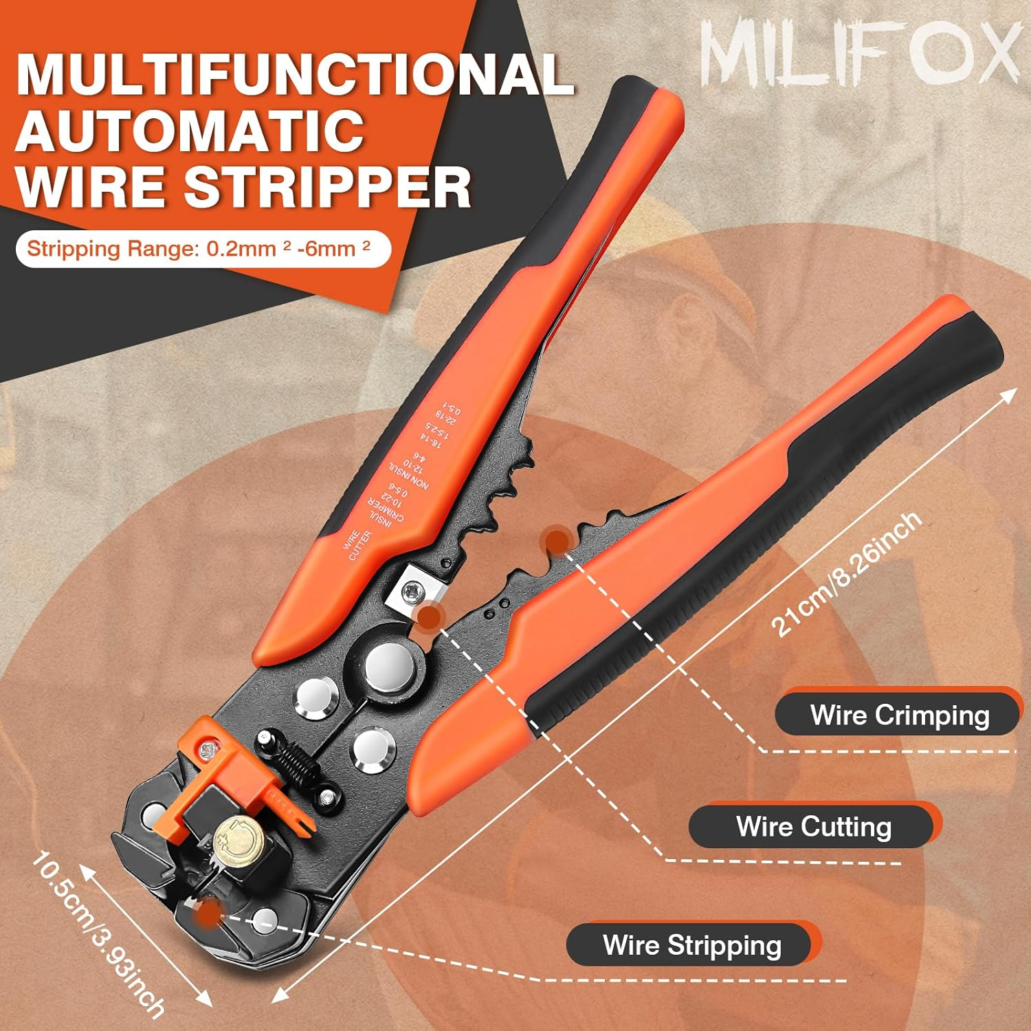Milifox Multi-Functional Automatic Wire Stripper, Stripping Range 0.2Mm&sup2;-6Mm&sup2;, Adjustable Stripping Force & Length, Cutting & Crimping Functions image number 3