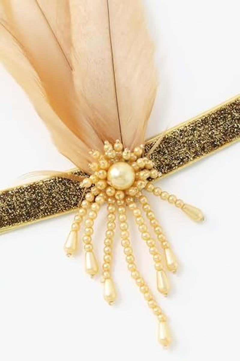 BABEYOND 1920S Flapper Feather Headpiece Vintage 1920S Headband Beaded Flapper Headpiece Great Gatsby Costume Accessories, Gold - Whitefeather image number 3