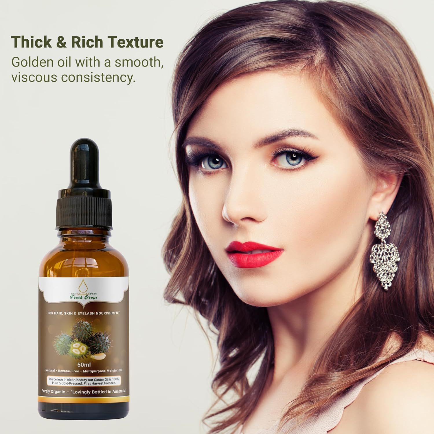 Fresh Drops USDA Organic Castor Oil 250Ml, Pure Cold Pressed, Hexane Free, Fresh Drops - Stimulate Growth for Eyelashes, Eyebrows, and Hair, Smooth Face, and Skin