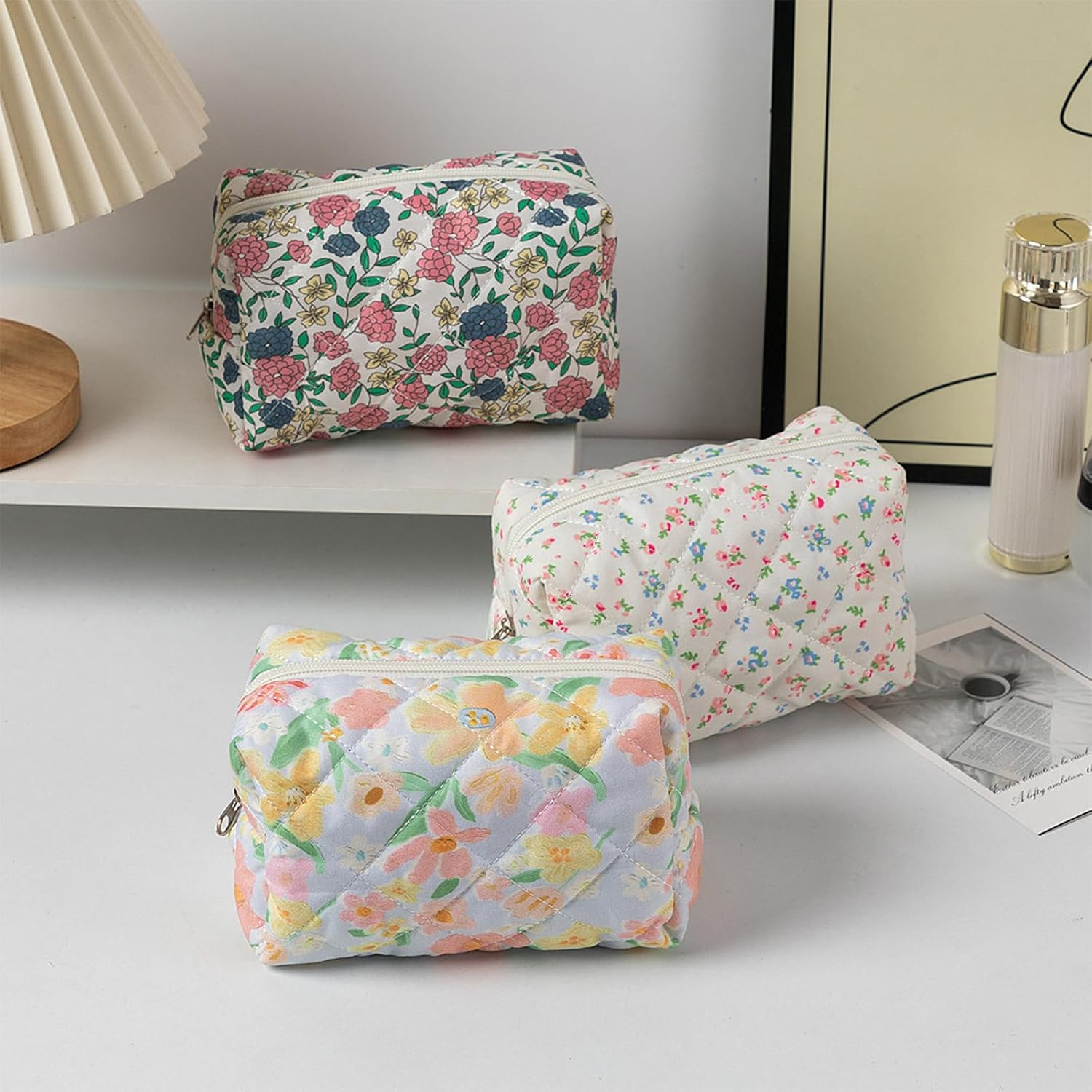 Makeup Bag Quilted Cosmetic Bag Floral Large Pouch,Coquette Toiletry Bag Travel,Large Capacity Aesthetic Makeup Bags Zipper image number 2