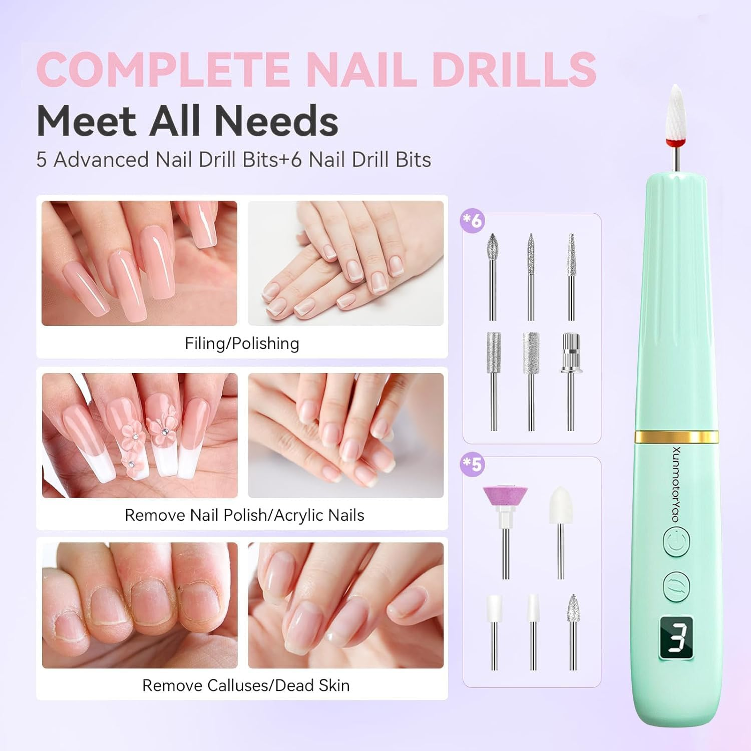 Xunmotoryao Wireless Portable Nail Cutter Professional 12 in 1 Electric Nail Drill Machine USB Rechargeable Electric 20000 RPM Electric for Manicure and Pedicure Green image number 5