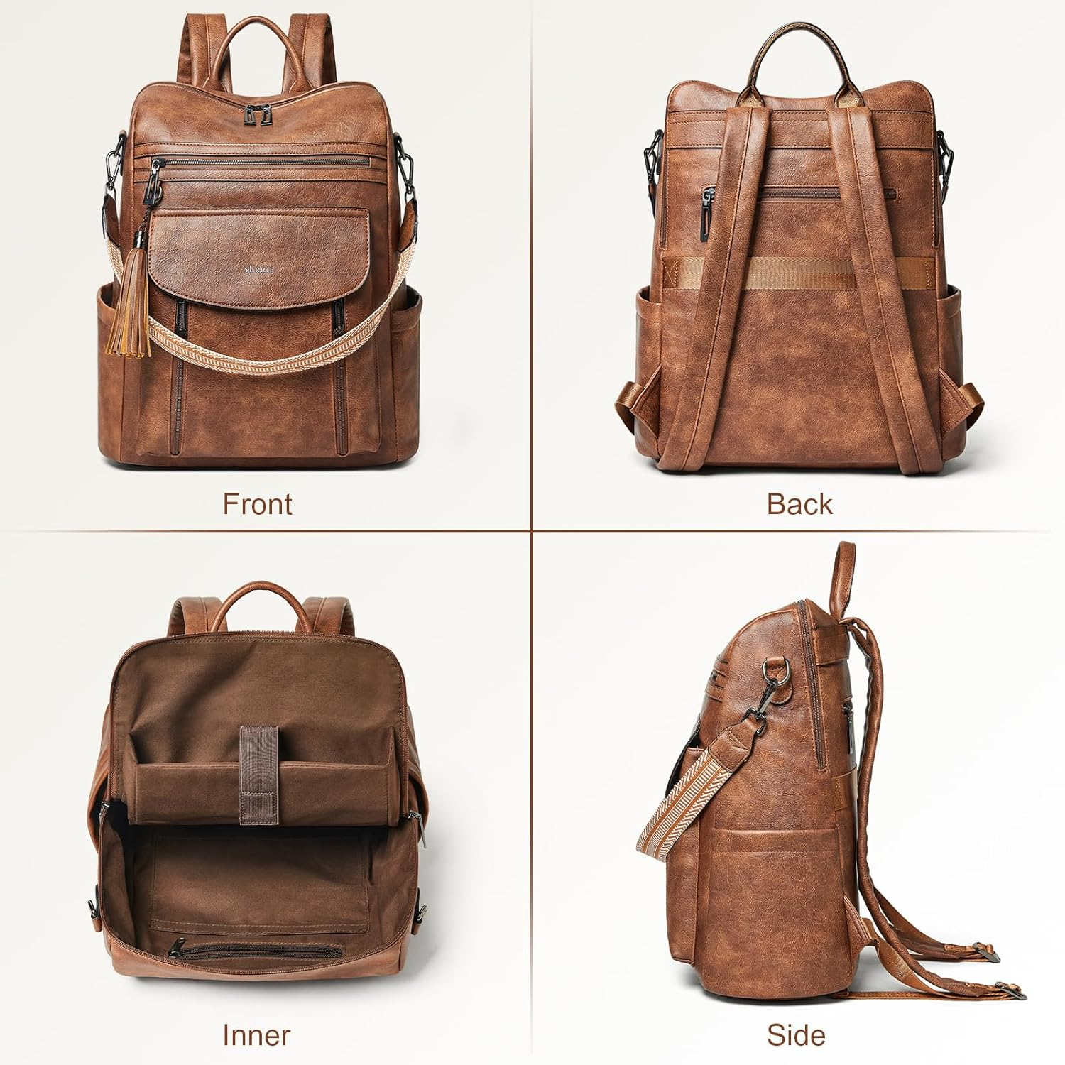 Shrrie Laptop Backpack for Women 15.6 Inch,Travel Leather Backpack Purse Nurse Teacher Carry on Backpack - Two-Tone Black image number 2