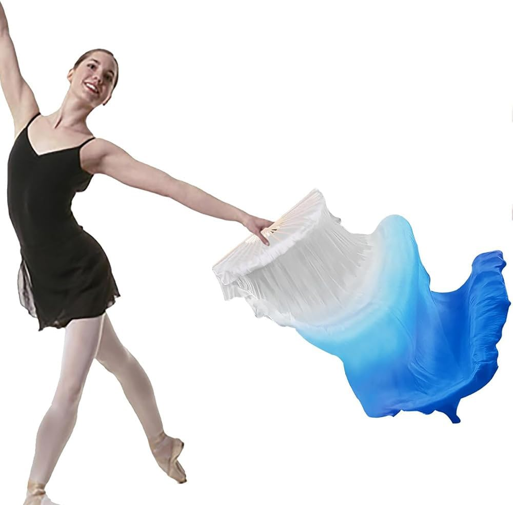 Silk Belly Dance Fan Veil, 1 Pair Long Folding Fans, Bamboo Fan for Belly and National Dance image number 5