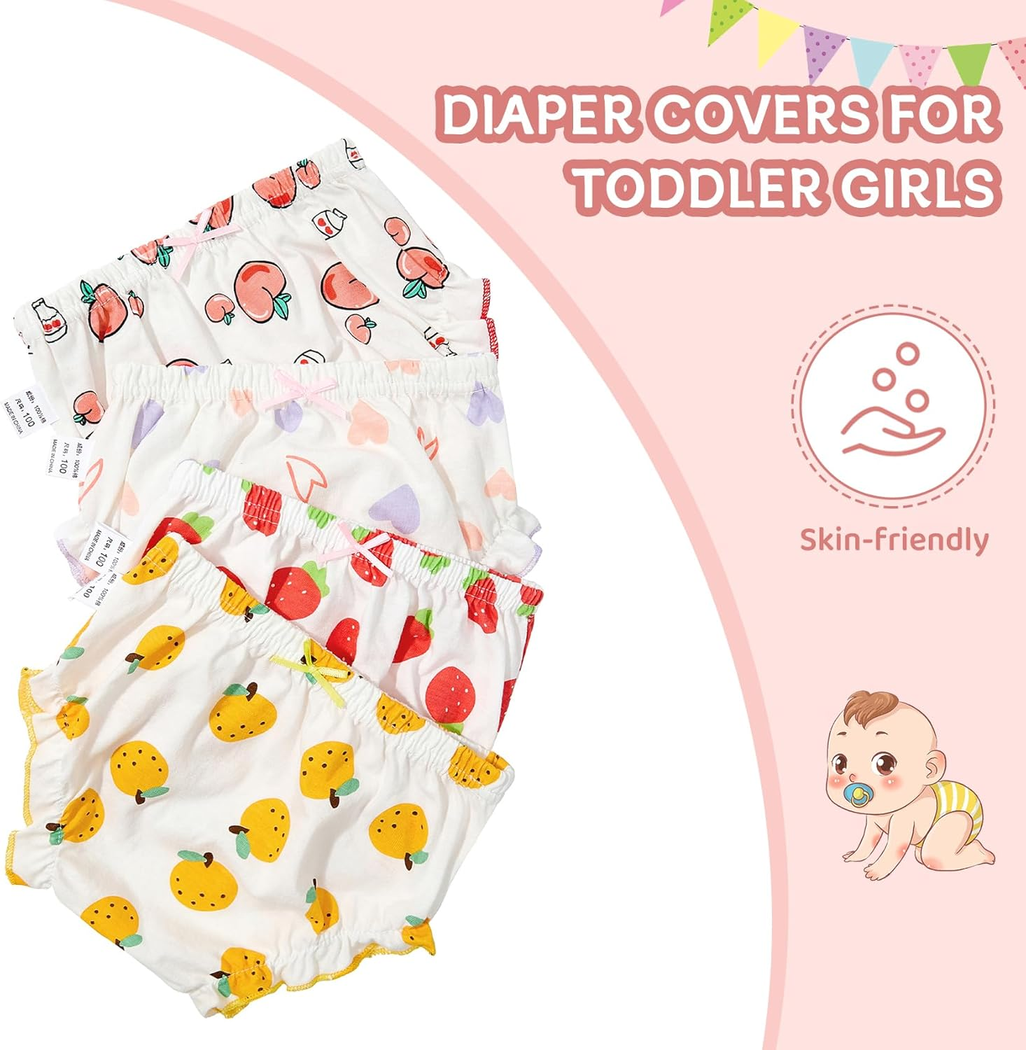 Durio 4-Pack Diaper Covers for Girls Ruffle Baby Bloomers for Baby Girls Cute Pattern Baby Underwear Cotton Toddler Bloomers image number 3