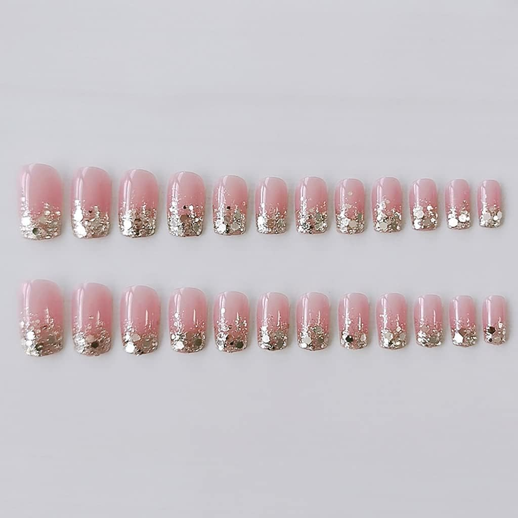 Rikview Press on Nails Short Fake Nails Pink Nails Clear Square Acrylic Nails with Sequins image number 4
