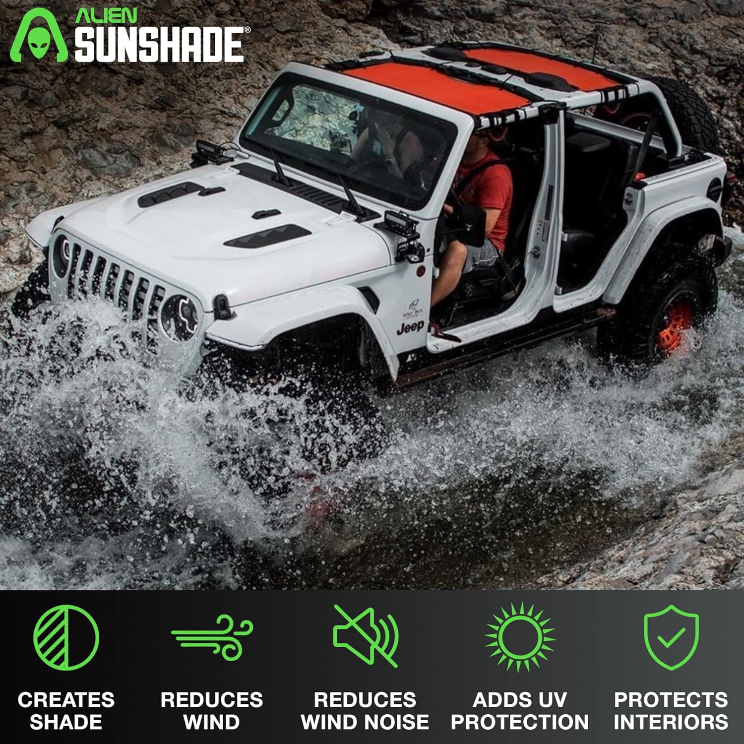 Alien Sunshade Jeep Wrangler JLU (2018-2023) &ndash; Front & Rear Mesh Sun Shade for Jeep JL Unlimited - Blocks UV, Wind, Noise - Bikini Jlkini Top Cover for Sport, Sport S, Sahara, Rubicon (Black) image number 6
