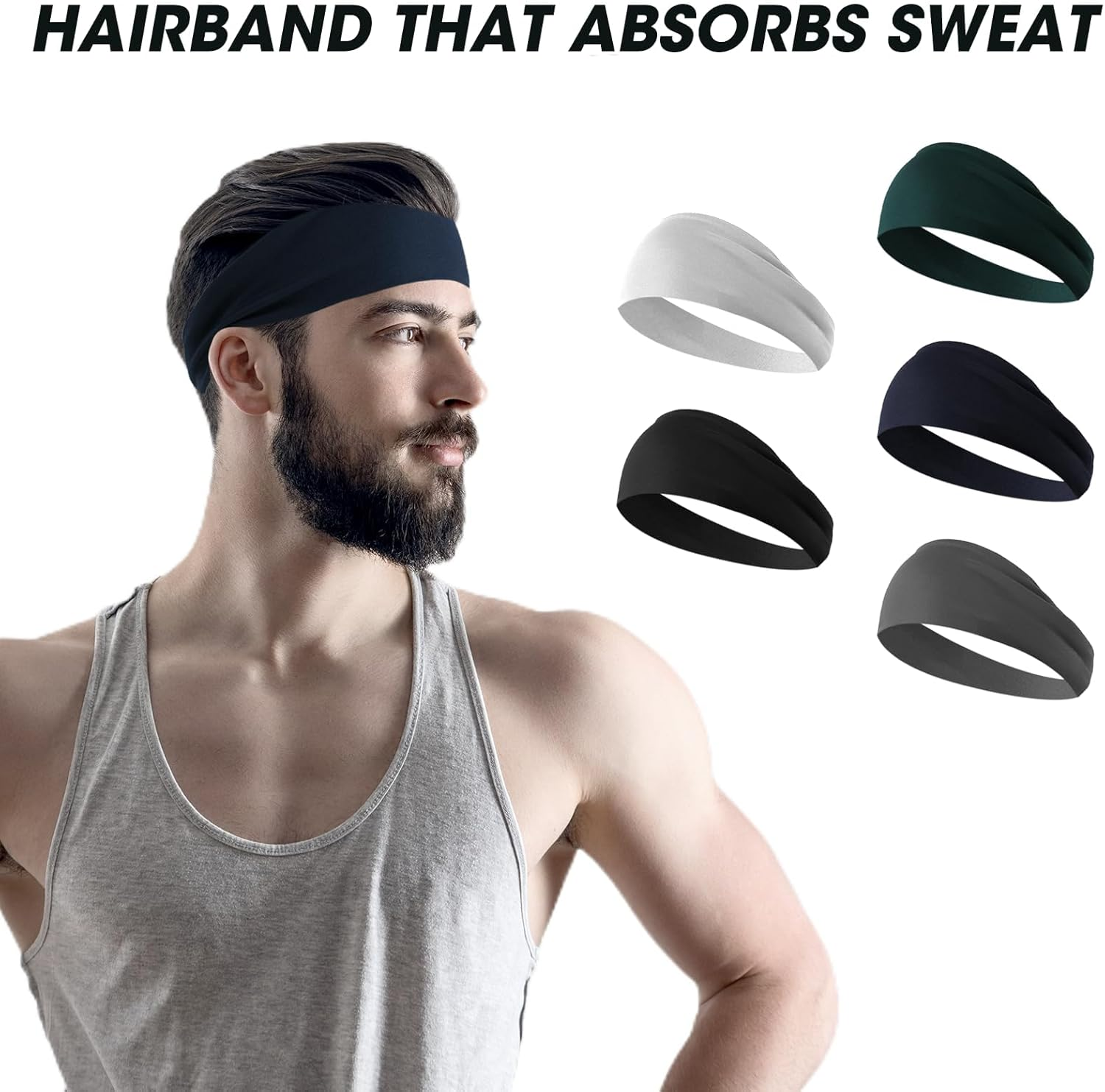 5 Pack Sports Headbands for Men, Moisture Wicking Workout Headband, Mens Sweatband Sports Headband for Running, Cycling, Basketball, Yoga, Fitness Workout Stretchy Unisex Hairband (5 Color) image number 2