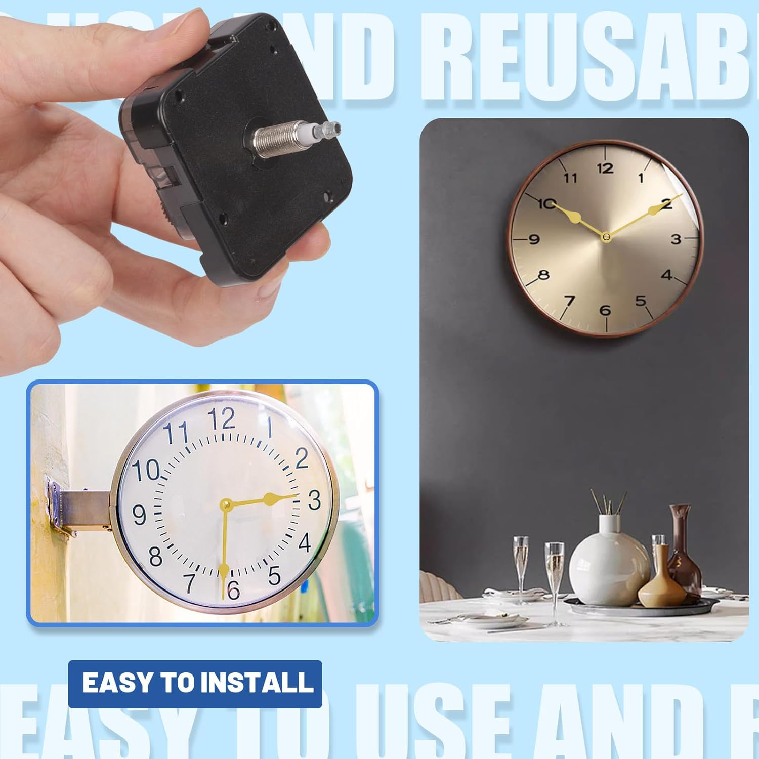 Glarks 12Pcs 28MM Golden High Torque Long Shaft Clock Movement Mechanism Kit Includes 1Pcs Clock Movements with 1Pcs Hooks, 4 Different Pairs Clock Hands, 4Pcs Mounting Hardware, 2Pcs Clock Numerals image number 5