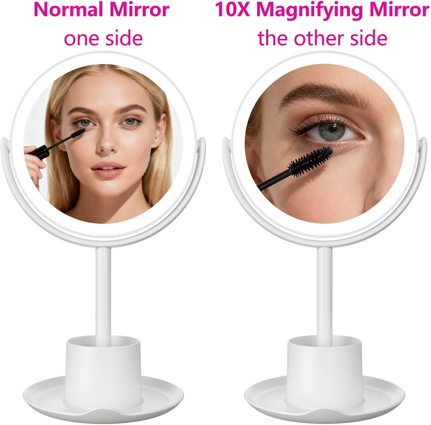 Dual Sided Makeup Mirror 22X22Cm 10X Magnifying Mirror Adjustable LED Light with Storage Tray Mobile Phone Holder image number 5