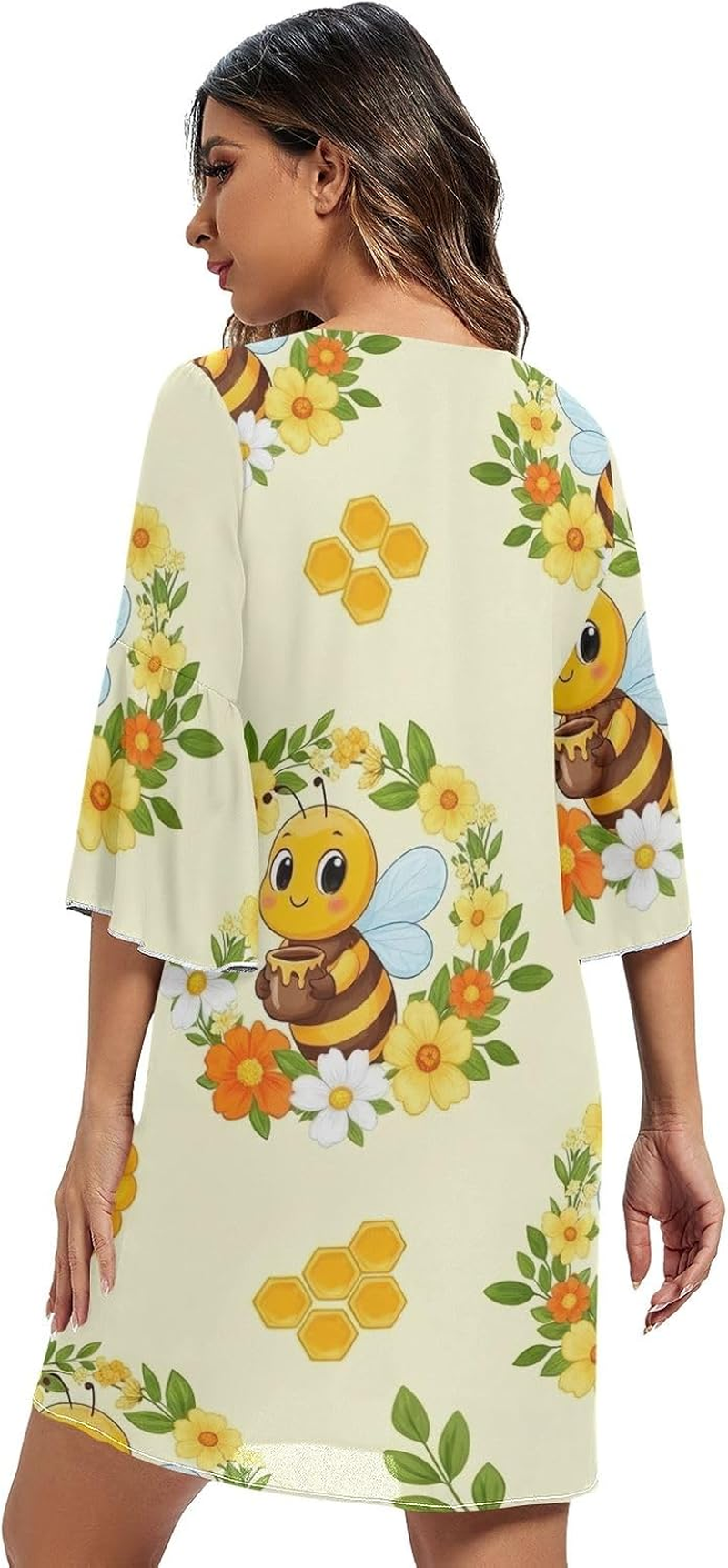 Cute Cartoon Bees Honey Print Ladies Chiffon Dress 3/4 Sleeve Maternity Dress Party S-XXL image number 1