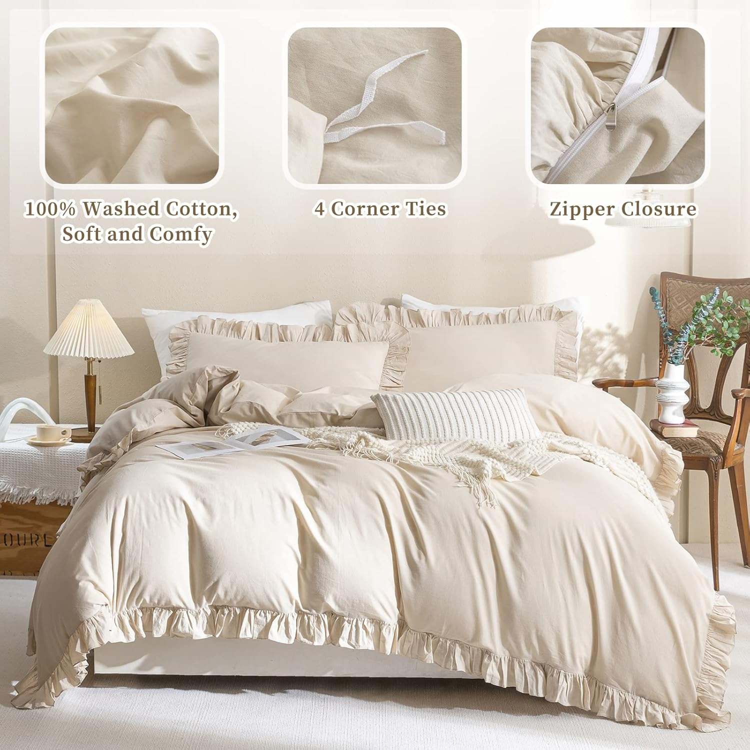 QSH 100% Cotton Queen Duvet Cover Set,Ruffle Duvet Cover Linen Feel Textured Farmhouse Shabby Vintage Chic Bedding Comforter Cover 3 Pieces Aesthetic French Country Queen Bed Set Soft Breathable image number 3
