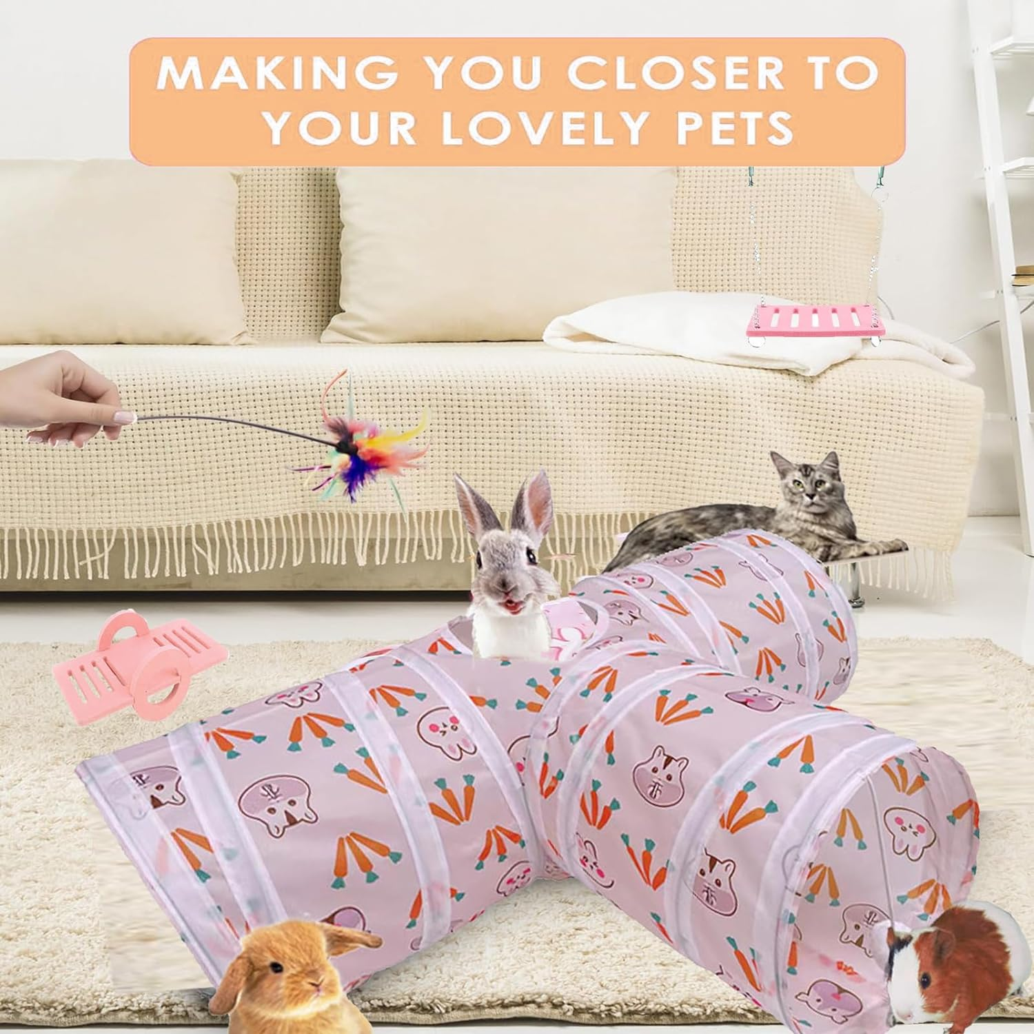 Guinea Pig Tunnel,Bunny Tunnel,Rabbit Tubes Collapsible 3Way Rabbit Toys Set Small Animal Hideout with Fun Toys for Hamster Rats Ferret Kitten Hedgehog Hiding and Resting image number 3