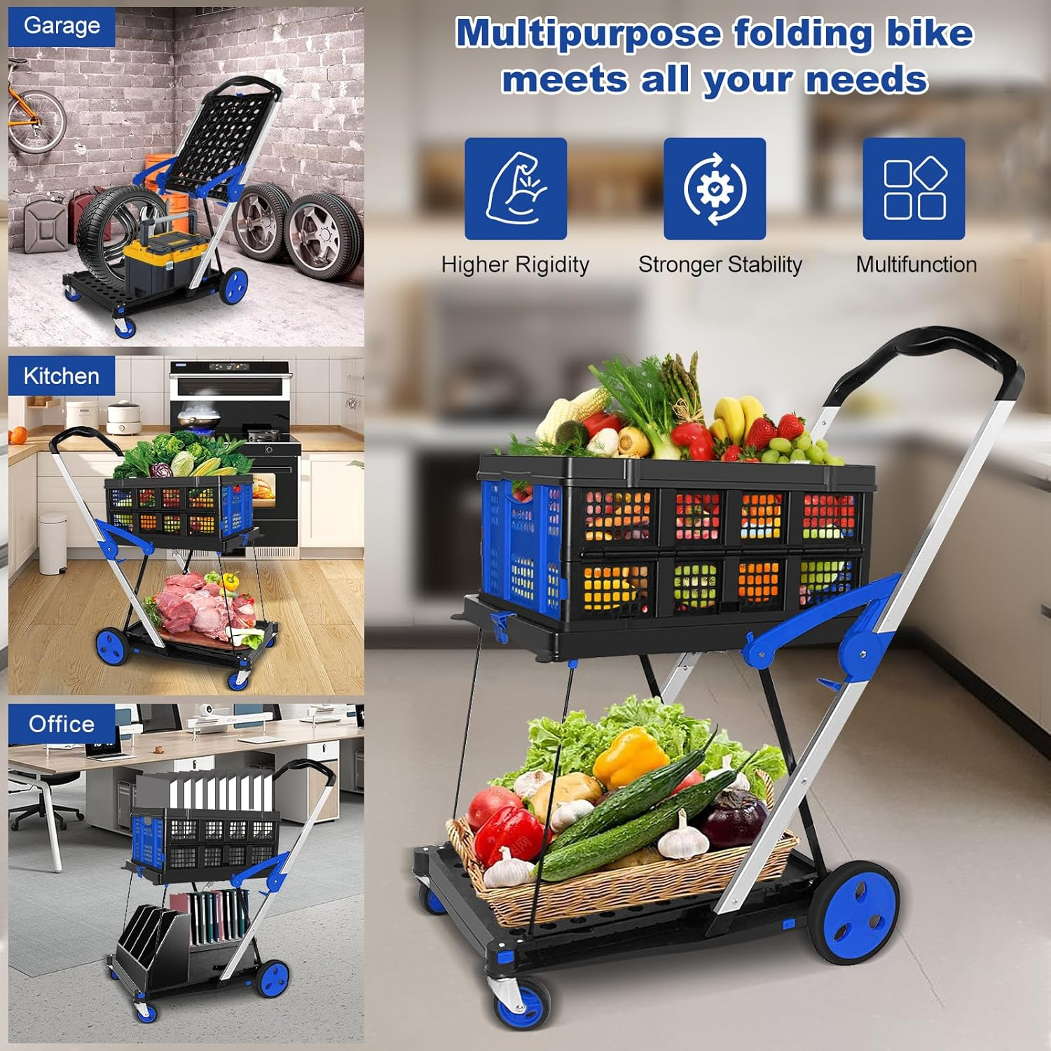 OSWIN Folding Trolley with Wheels, Double Layer Portable Trolley Shopping Carts, Folding Shopping Cart with Storage Crate, Office Folding Cart, Multi Use Functional Collapsible Carts for Supermarket image number 4
