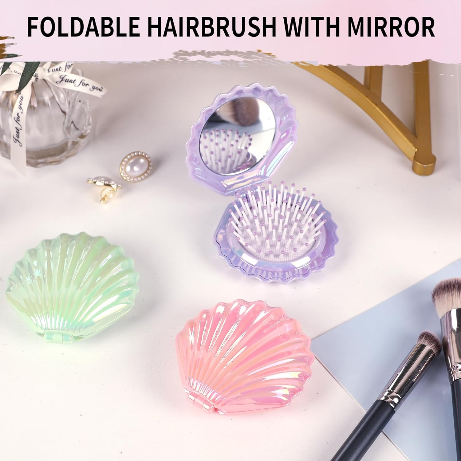 Maji Mama Foldable Travel Hair Brushes with Mirror Shell Shape Portable Folding Pocket Hair Brush Mini Hair Comb Compact Size Hair Massage Comb (Pink) - Pink image number 5