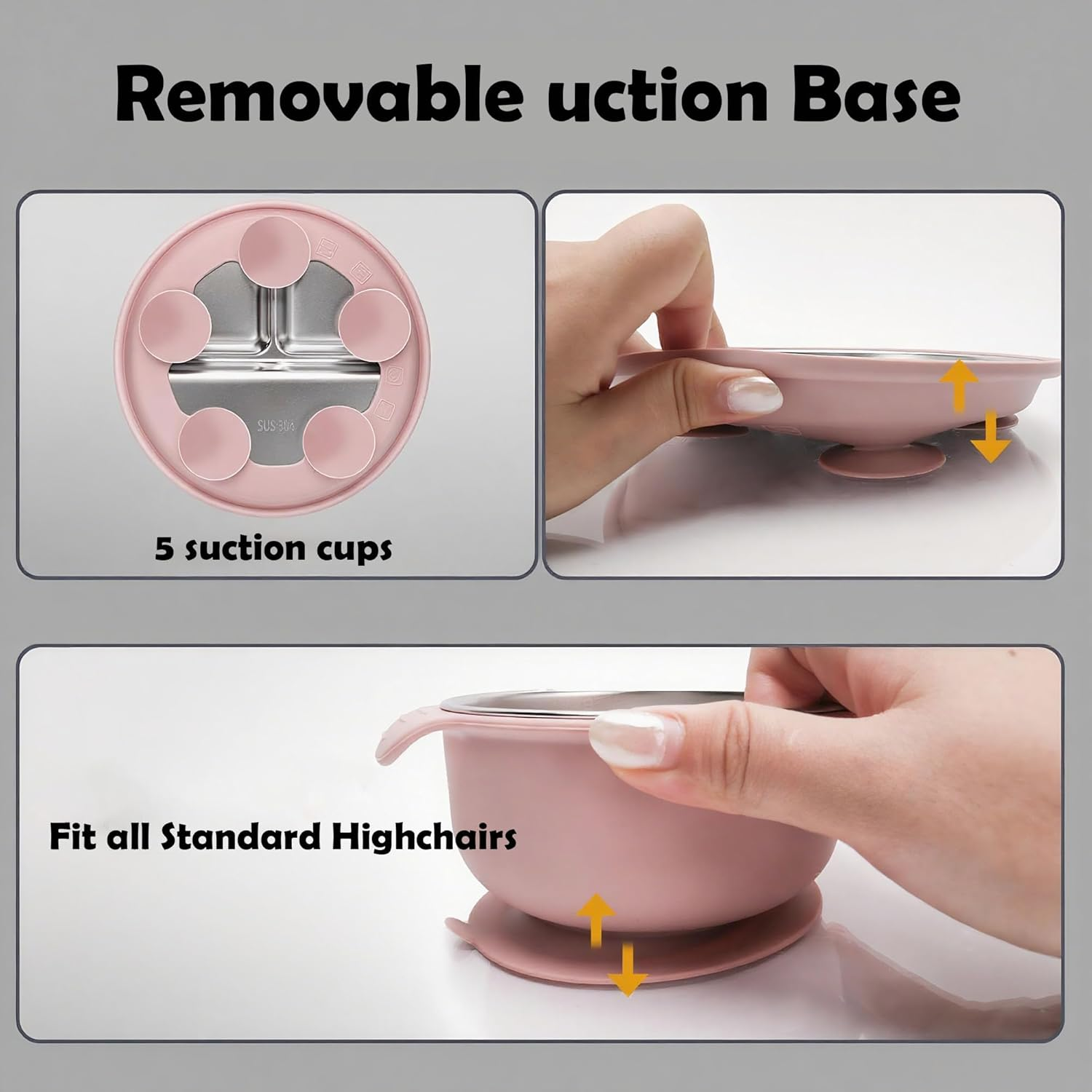 Stainless Steel Plate Kids Cutlery Set with Fork Spoon Bowl Bibs and Removable Silicone Suction Base (Pink) image number 4