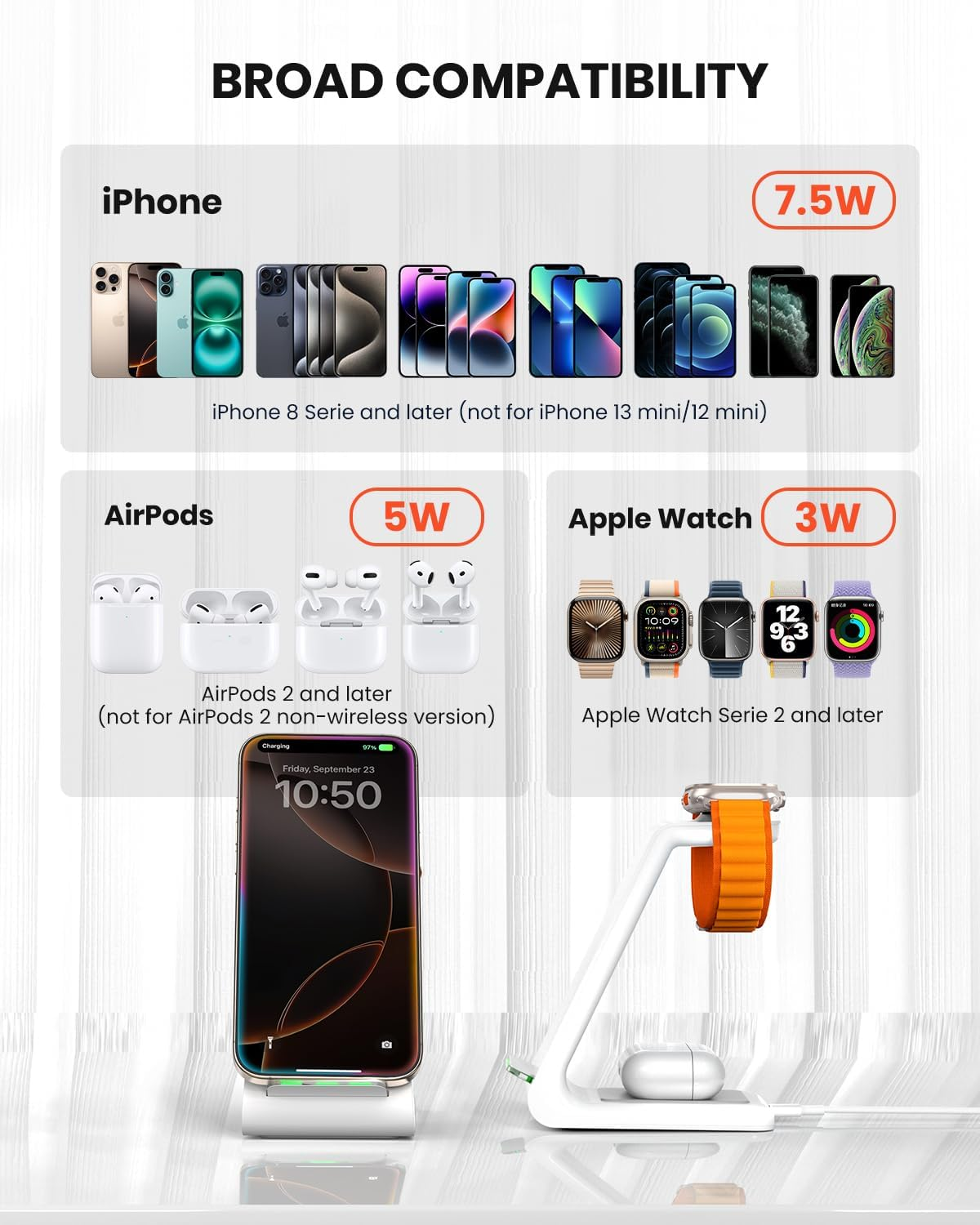 GEEKERA 3 in 1 Wireless Charging Station for Apple, Fast Wireless Charger Stand Dock for Iphone 17 16 15 14 13 12 11 Pro Max plus XR XS X, Apple Watch Ultra/11/10/9/Se/8/7/6/5/4/3/2, Airpods Pro/4/3/2