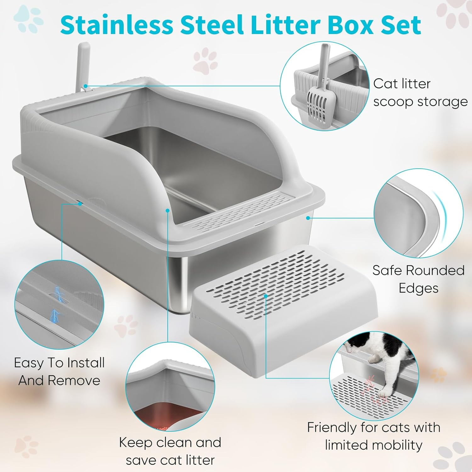 Gazingme Stainless Steel Cat Litter Box with Lid, 23.5" L X 15.5" W X11.8 H for Big Cats, Easy-To-Clean and Non-Sticky Extra Large Cat Little Tray, High Sides Enclosed Design for Anti-Urine Leakage image number 3