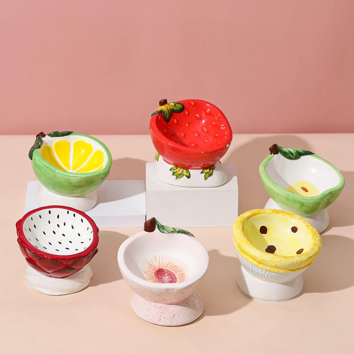 Tilted Elevated Cat Food Bowl - Raised Cat Dish anti Vomiting - Shallow Wide Ceramic Cat Bowl for Whisker Fatigue - Small Cat Feeding Bowls - Tall Cat Bowl - Lemon Shaped Cute Kitten Bowl - 4 Oz image number 1