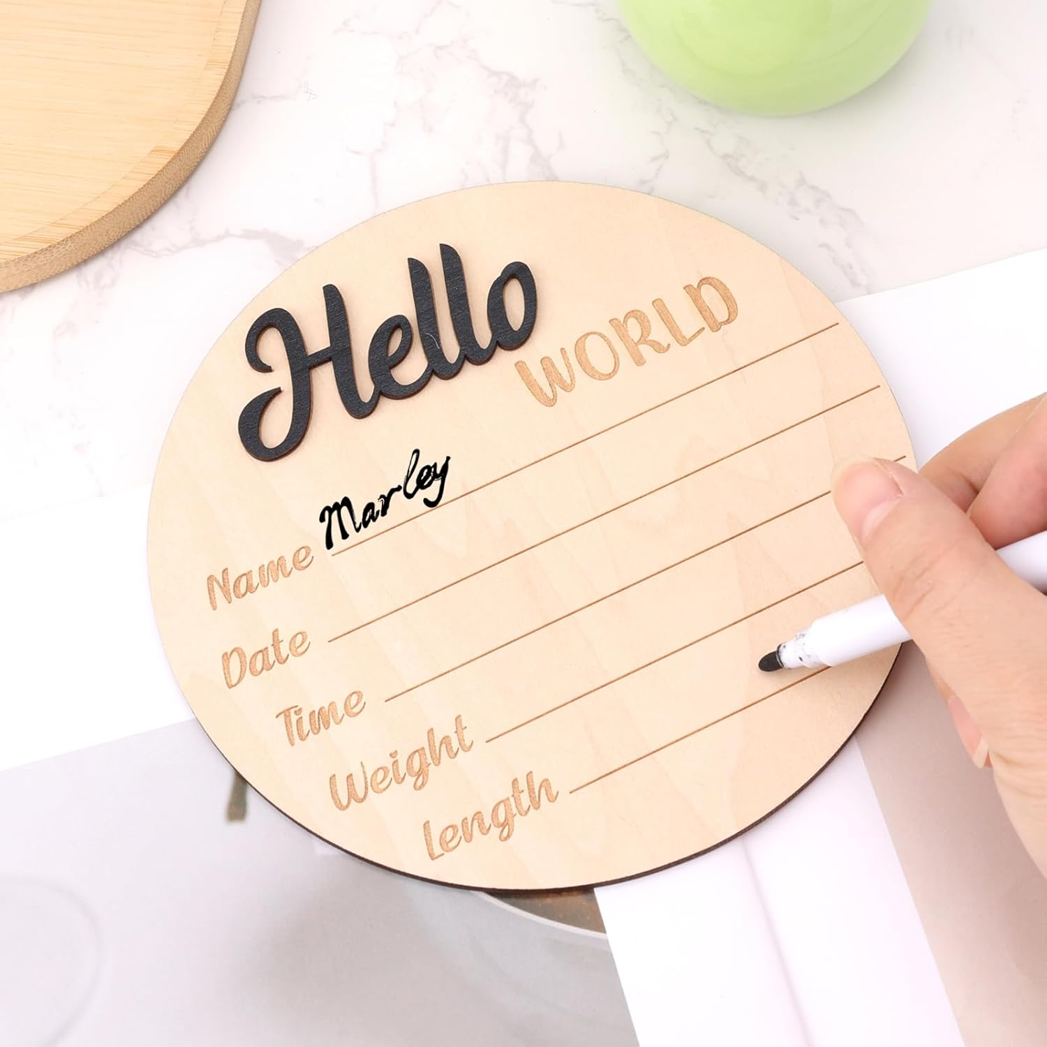 Baby Announcement Sign, Wooden Hello World Newborn Welcome Sign Baby Name Plaque Birth Announcement Sign for Photo Props Baby Shower Hospital Nursery image number 4