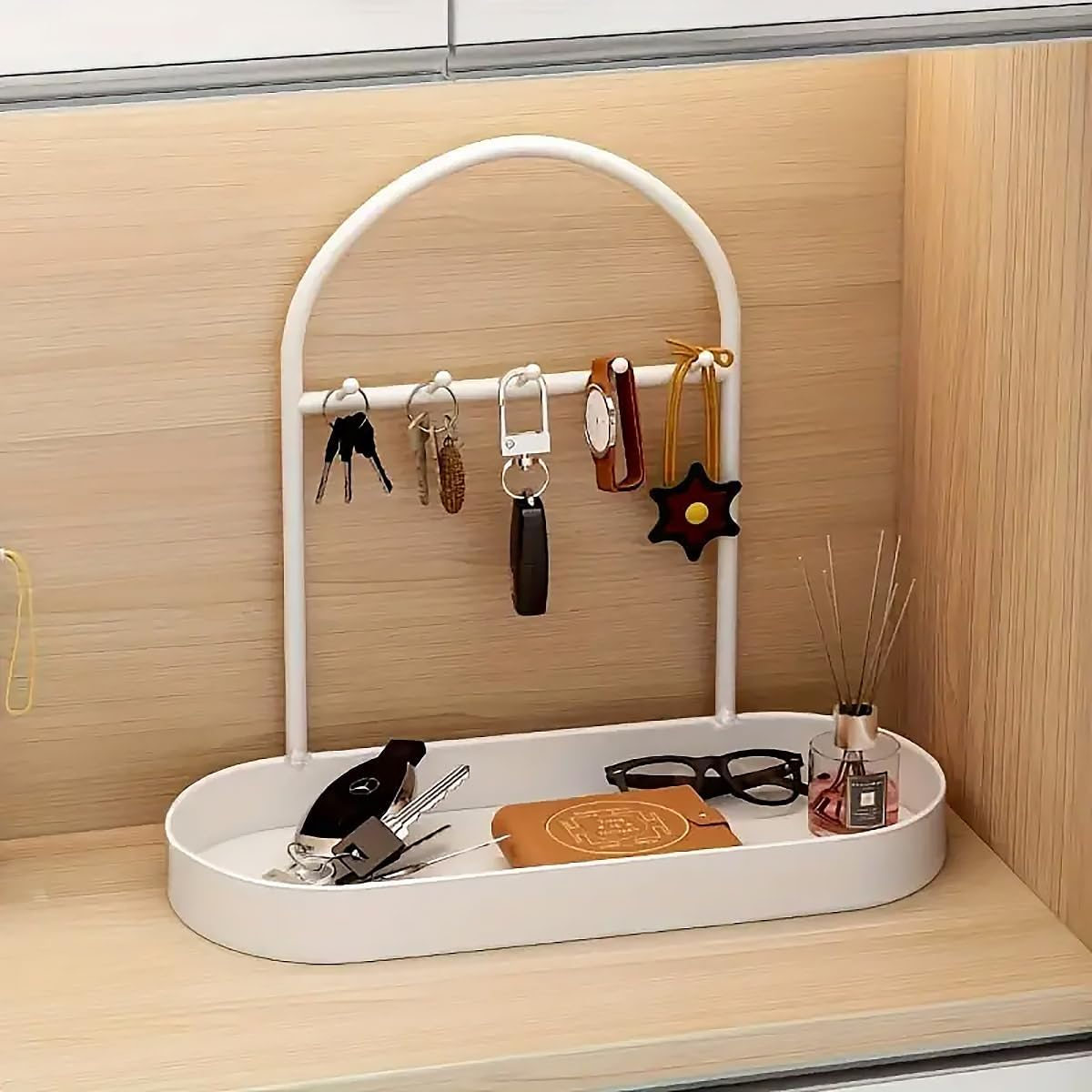 AIMALL Key Entry Door Storage Rack - Stylish Entrance Storage Organizer with Hooks for Keys, Jewelry, and Accessories, Shoe Cabinet and Mask Hanger - White image number 2