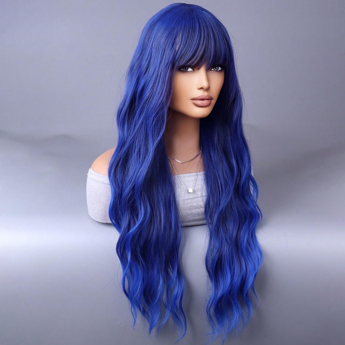 YEESHEDO Long Blue Hair Wigs Fringe for Women Girls Natural Curly Wavy Synthetic Colorful Wig for Festival Halloween Outfit Party Cosplay or Daily 28 Inches,Dark Blue - Black image number 4