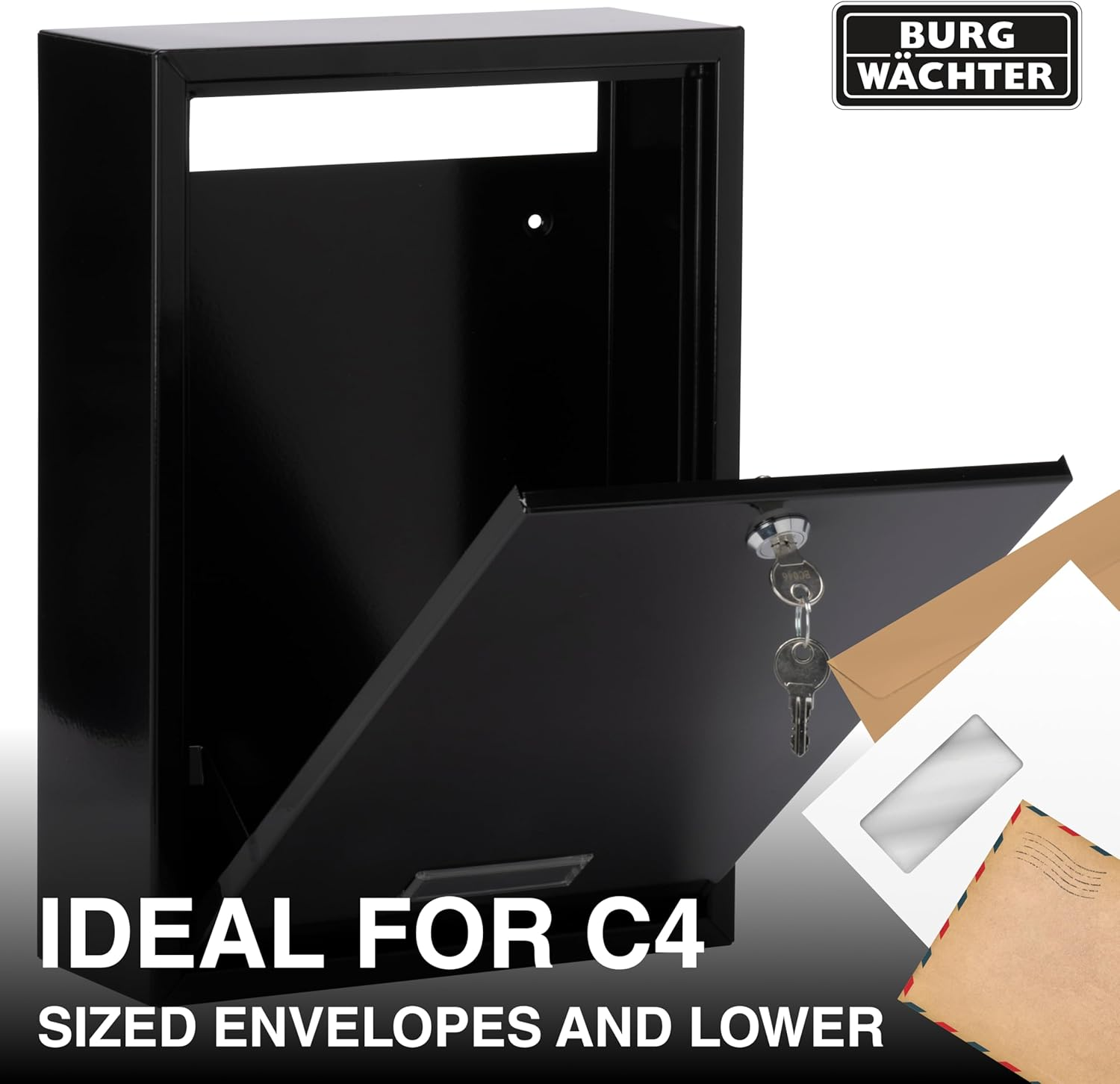 Burg W&auml;chter Forth Rear Access Gate & Wall Mounted Galvanised Steel Lockable Weatherproof Post Box - Black - 25X35X10Cm image number 4