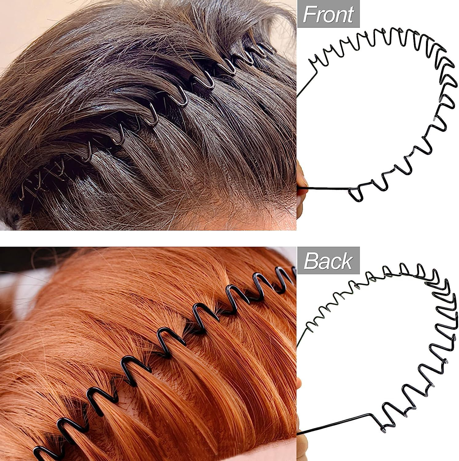 2Pcs Black Wave Elastic Headband,Non-Slip Metal Hair Hoop, Metal Headband Black Hair Hoop,Metal Headbands for Women and Men