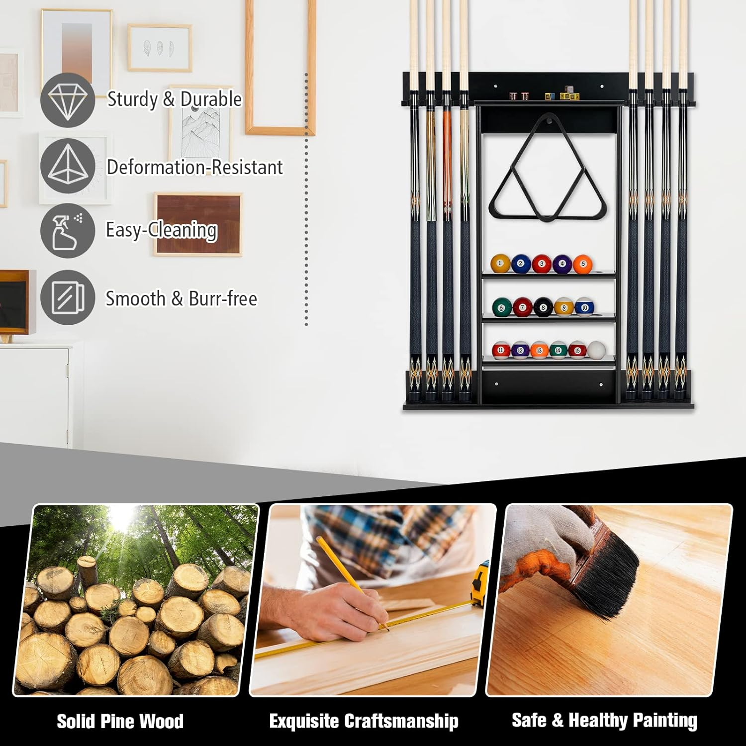 Costway Billiards Pool Cue Rack Only, Wall Mounted Billiard Stick Holder, Made of Solid Pine Wood, Holds Cues, Billiard Balls, Ball Rack, Compact Billiards Equipment for Billiard Room, Club image number 6