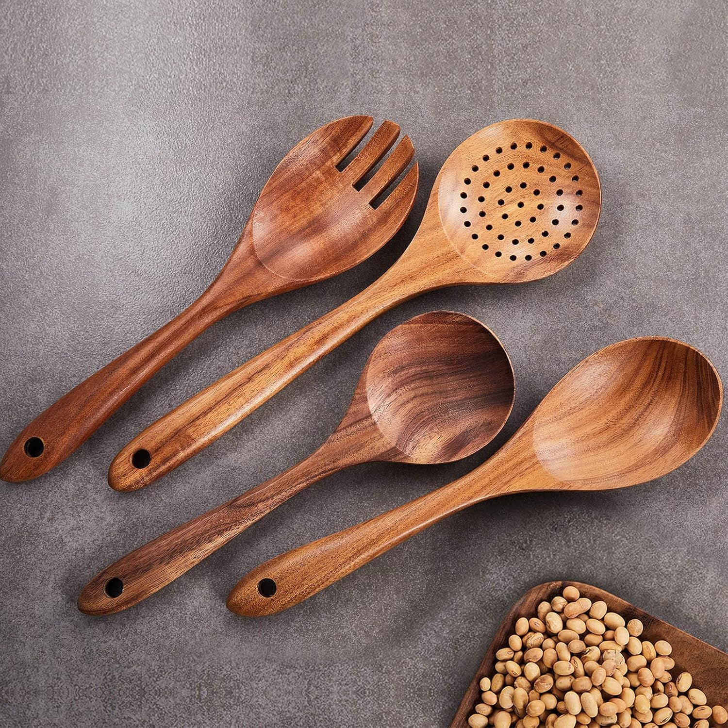 Wooden Kitchen Utensils Set,Gudamaye 9 PCE Natural Teak Wooden Spoons for Non-Stick Pan for Cooking, image number 5