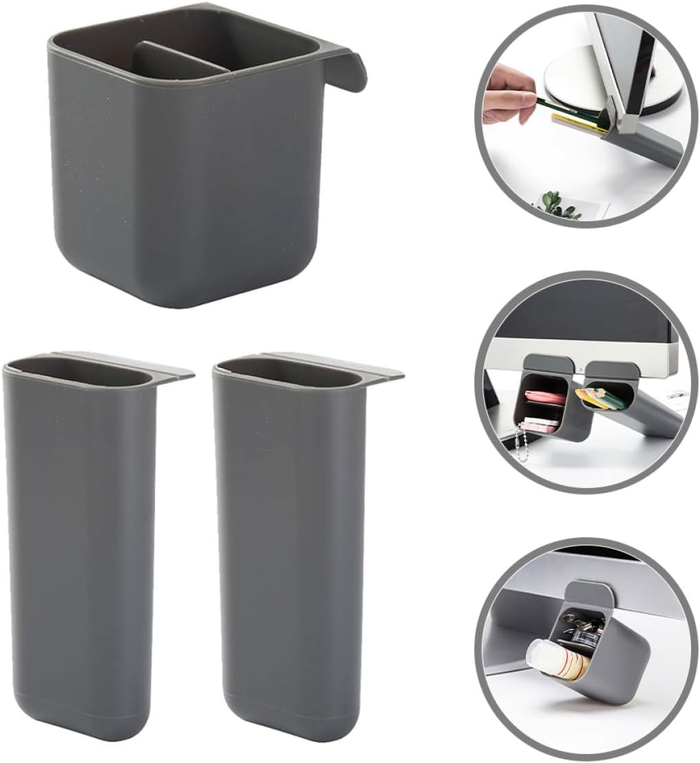 SEWACC 3Pcs Desktop Pencil Holder Set with Adhesive Computer Screen Storage Boxes, Long Gray and Gray Color, Desk Organizer for Office and Home Accessories image number 4