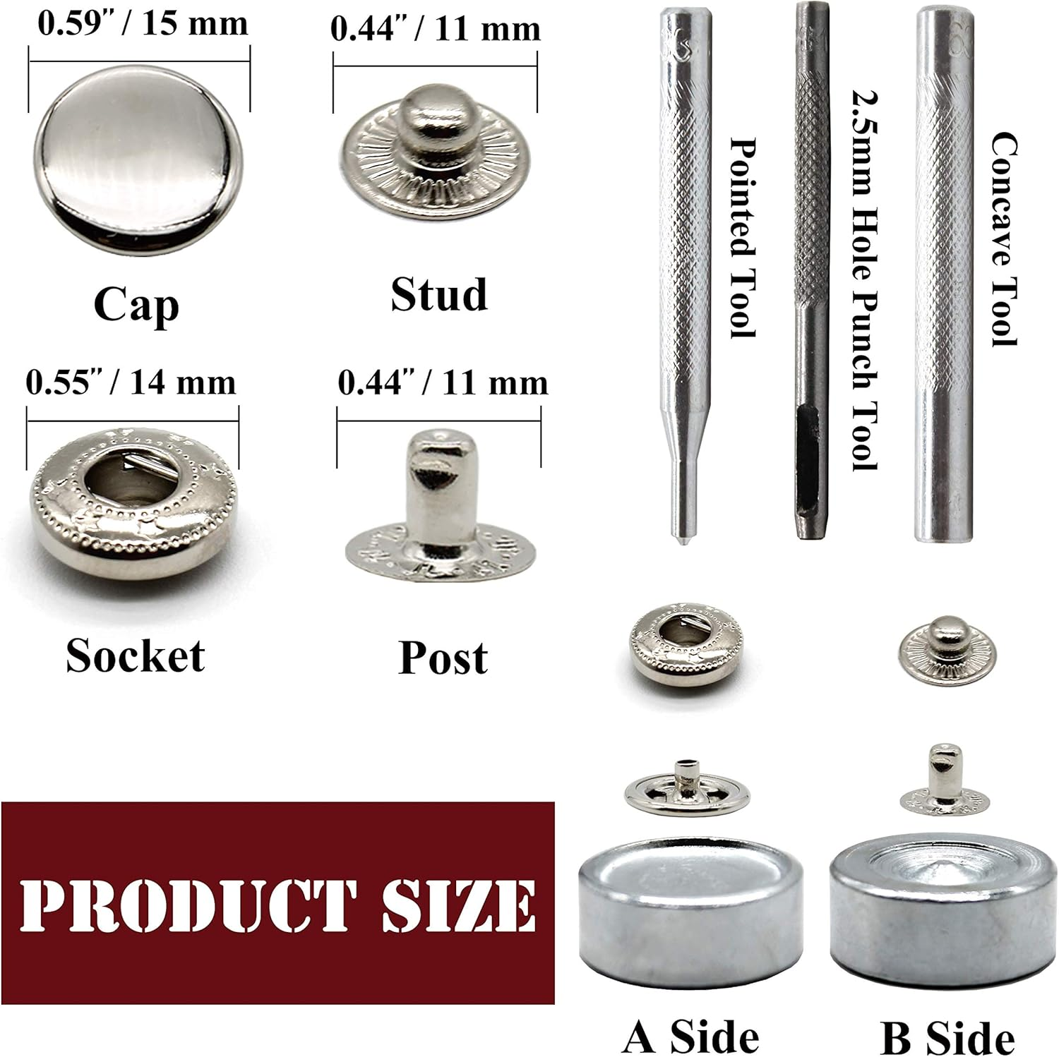 12 Sets Heavy Duty Leather Snap Fasteners Kit, 15Mm Metal Snap Buttons Kit Press Studs with 4 Install Tools, Leather Rivets and Snaps for Clothing, Leather, Jeans, Jackets, Bracelets, Bags (Silver) image number 6