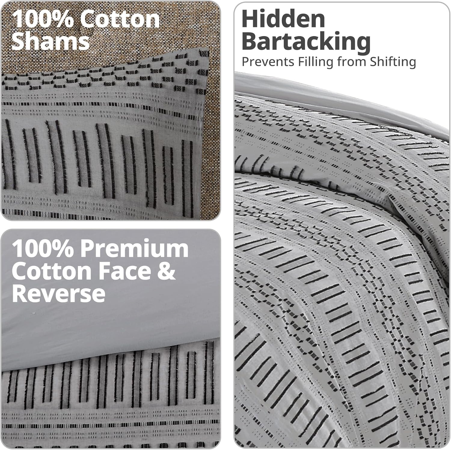 INK+IVY Rhea 100% Cotton Comforter, Clipped Jacquard Stripes Modern Luxe All Season down Alternative Bed Set with Matching Shams, King/Cal King(104"X92"), Grey 3 Piece