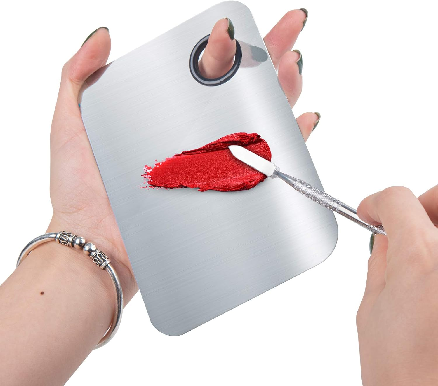 2 Pcs Makeup Mixing Palette, Upgrad Stainless Steel Metal Foundation Palette with Spatula Artist Tool for Mixing Foundation Nail-Art 5.9X3.9 In image number 3