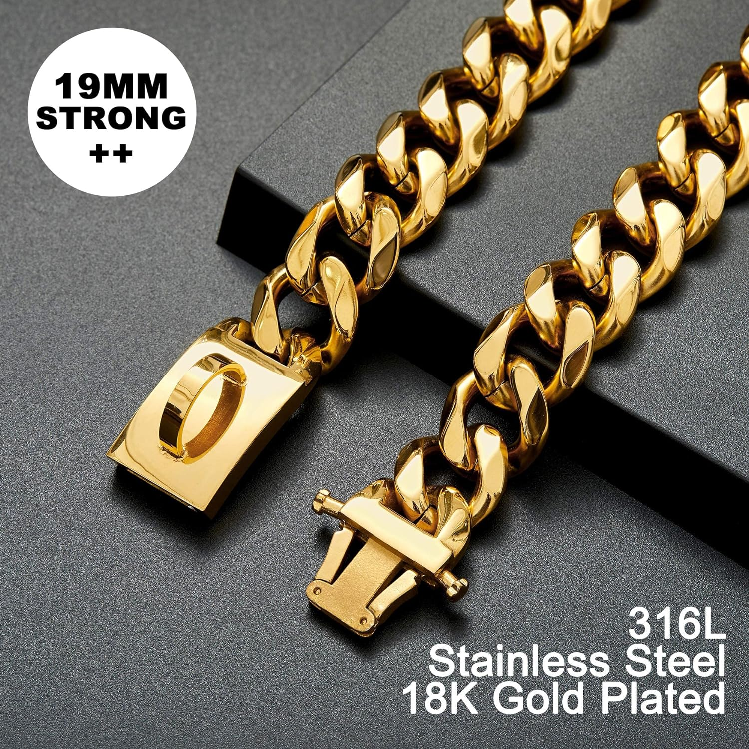 W/W Lifetime Gold Dog Chain Collar Walking Metal Chain Collar with Design Secure Buckle,18K Cuban Link Strong Heavy Duty Chew Proof for Medium Dogs American Pitbull German Shepherd(19Mm, 14") image number 1