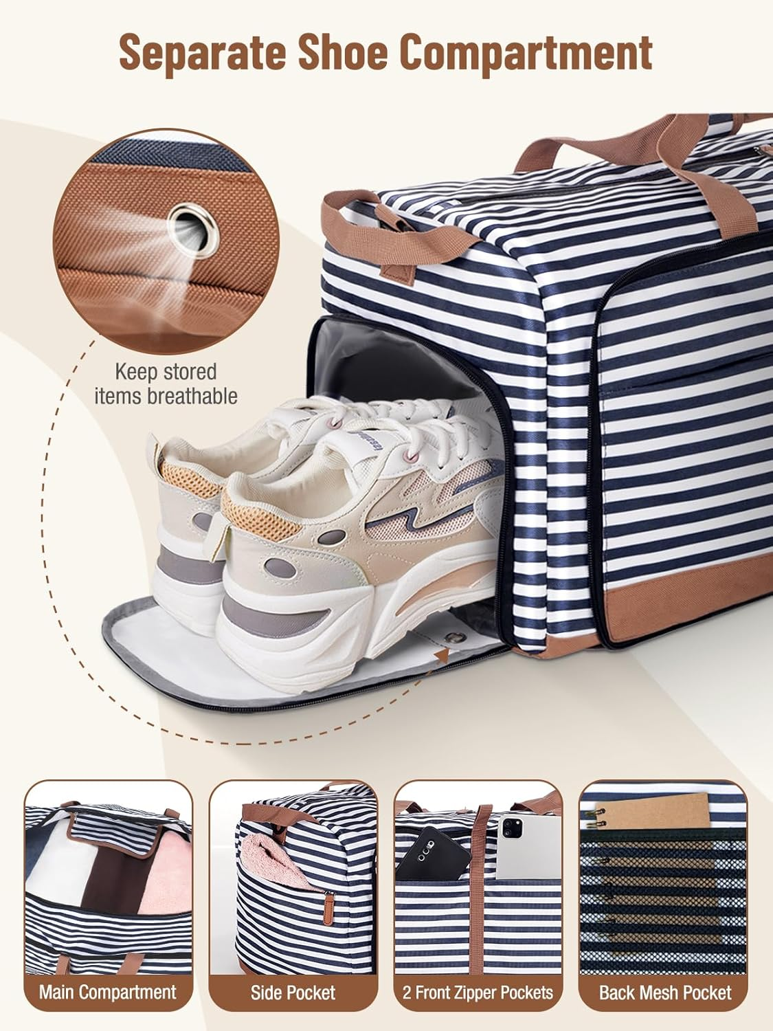 Lekesky Foldable Travel Bag Sports Bag Weekender Women with Shoe Compartment image number 5